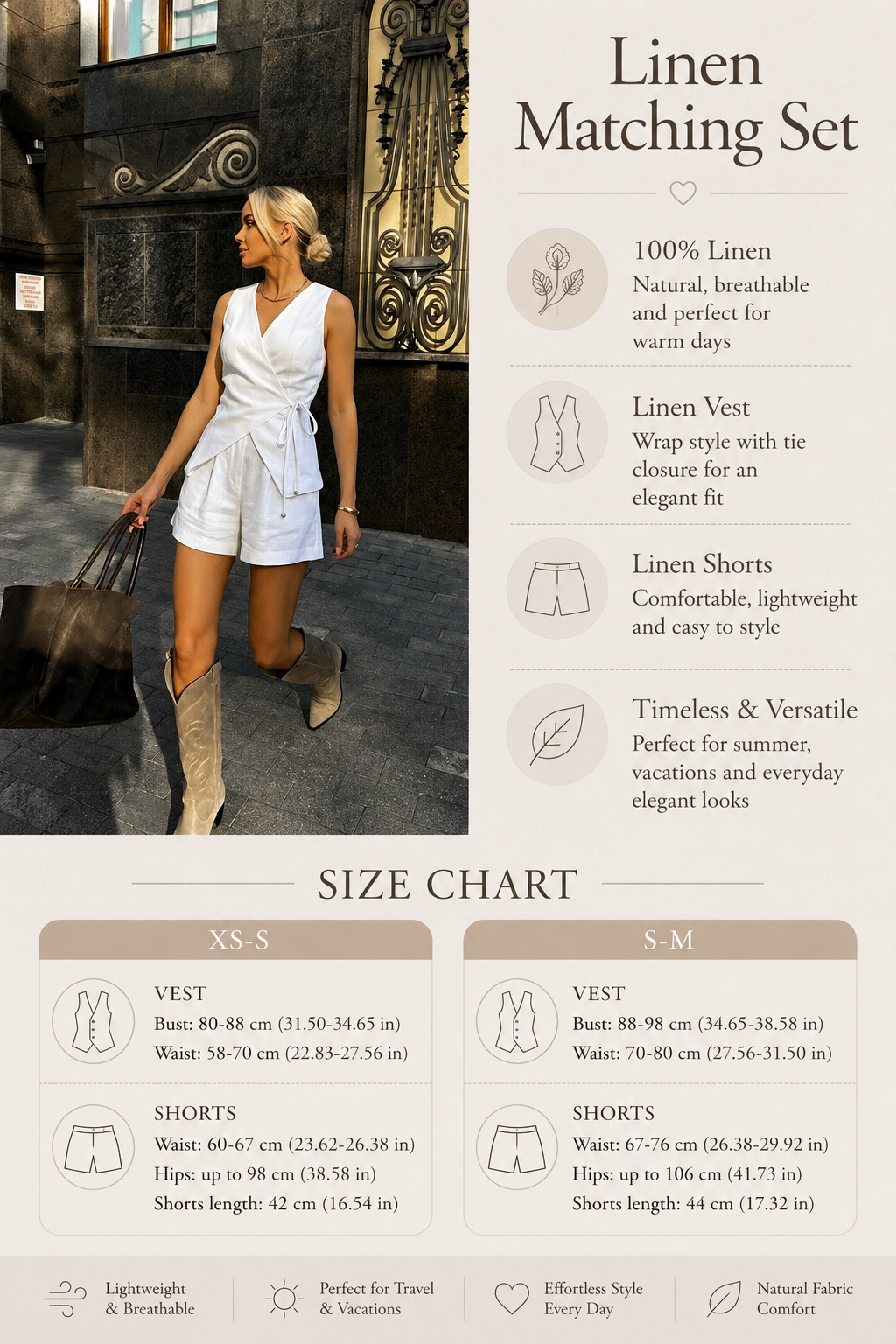 White Linen Shorts Set – Women's 2 Piece Linen Outfit with Asymmetrical Vest