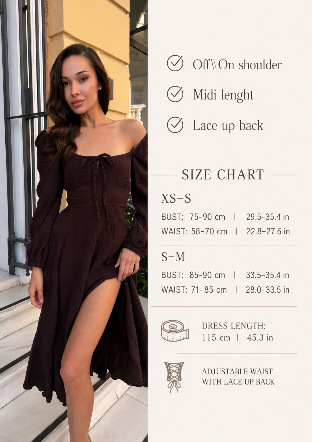 Brown Cotton Midi Dress with Lace-Up Back & Side Slit | RedHex Atelier