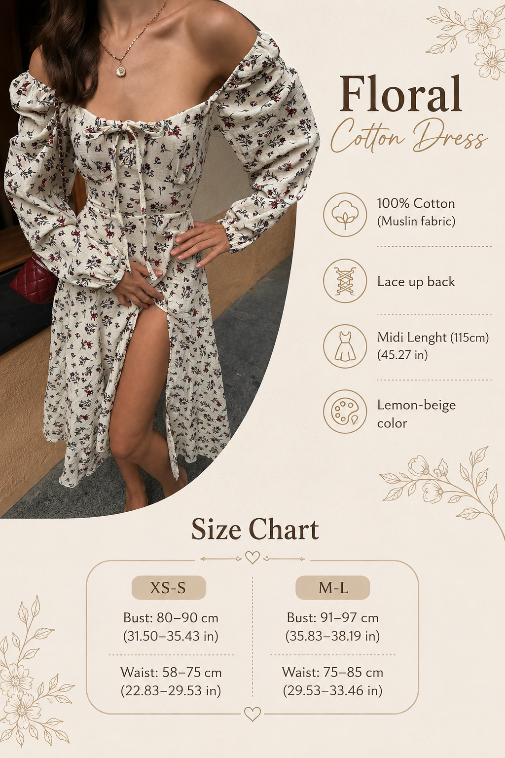 Beige Floral Cotton Midi Dress with Lace-Up Back | RedHex Atelier
