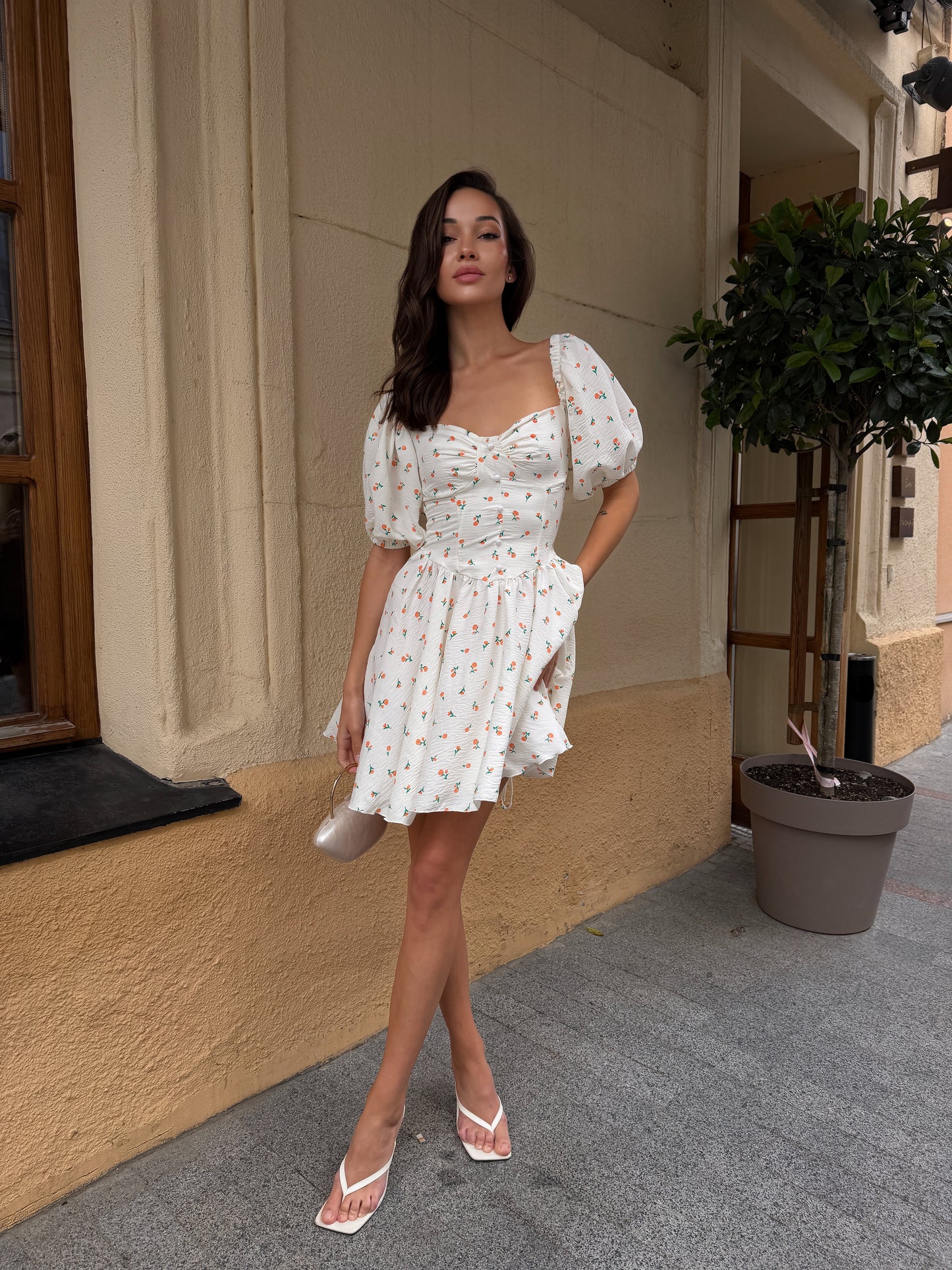 White Floral Cotton Mini Dress | Off Shoulder Puff Sleeve Dress