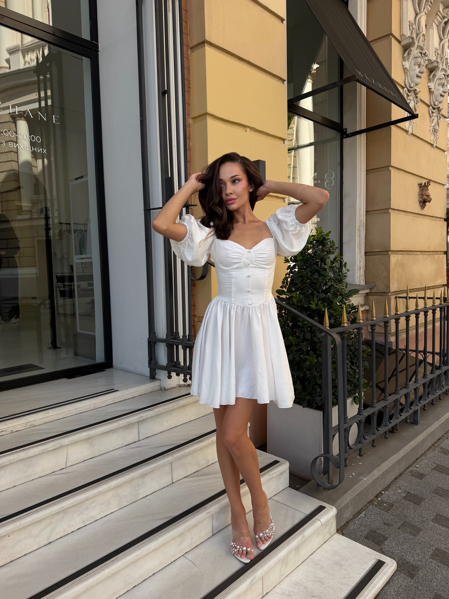 White Lace-Up Cotton Mini Dress – Romantic Puff Sleeve Dress