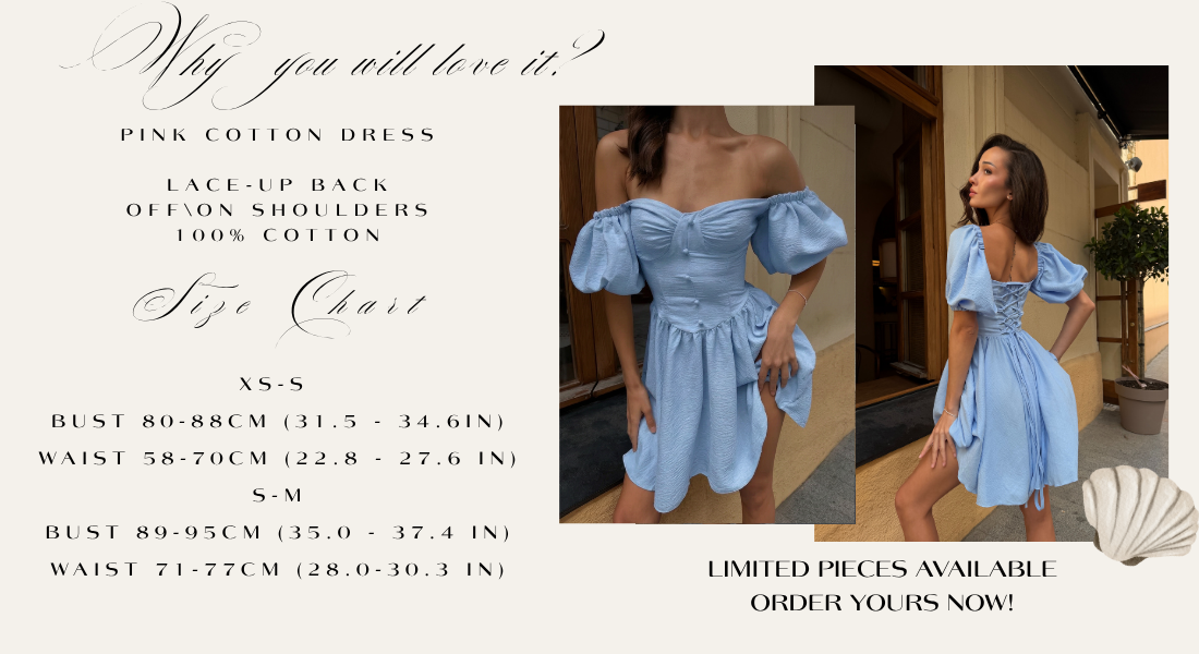 Blue Cotton Mini Dress – Off Shoulder Puff Sleeve Summer Dress