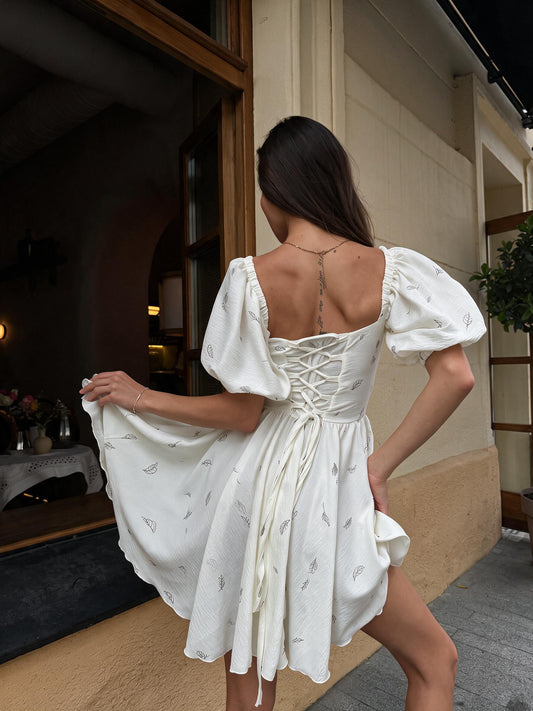 Feather Print White Midi Dress with Lace-Up Back & Off-Shoulder Lantern Sleeves