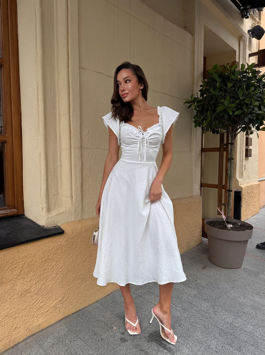 White Muslin Midi Dress with Lace-Up Back Off Shoulder
