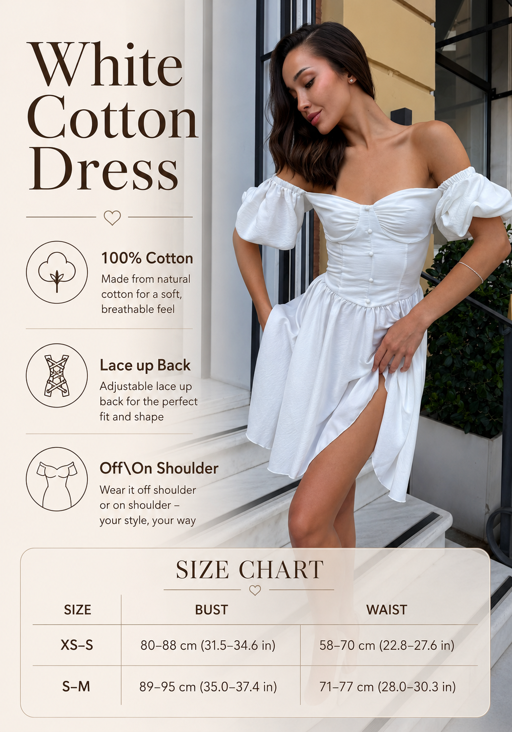 White Lace-Up Cotton Mini Dress – Romantic Puff Sleeve Dress
