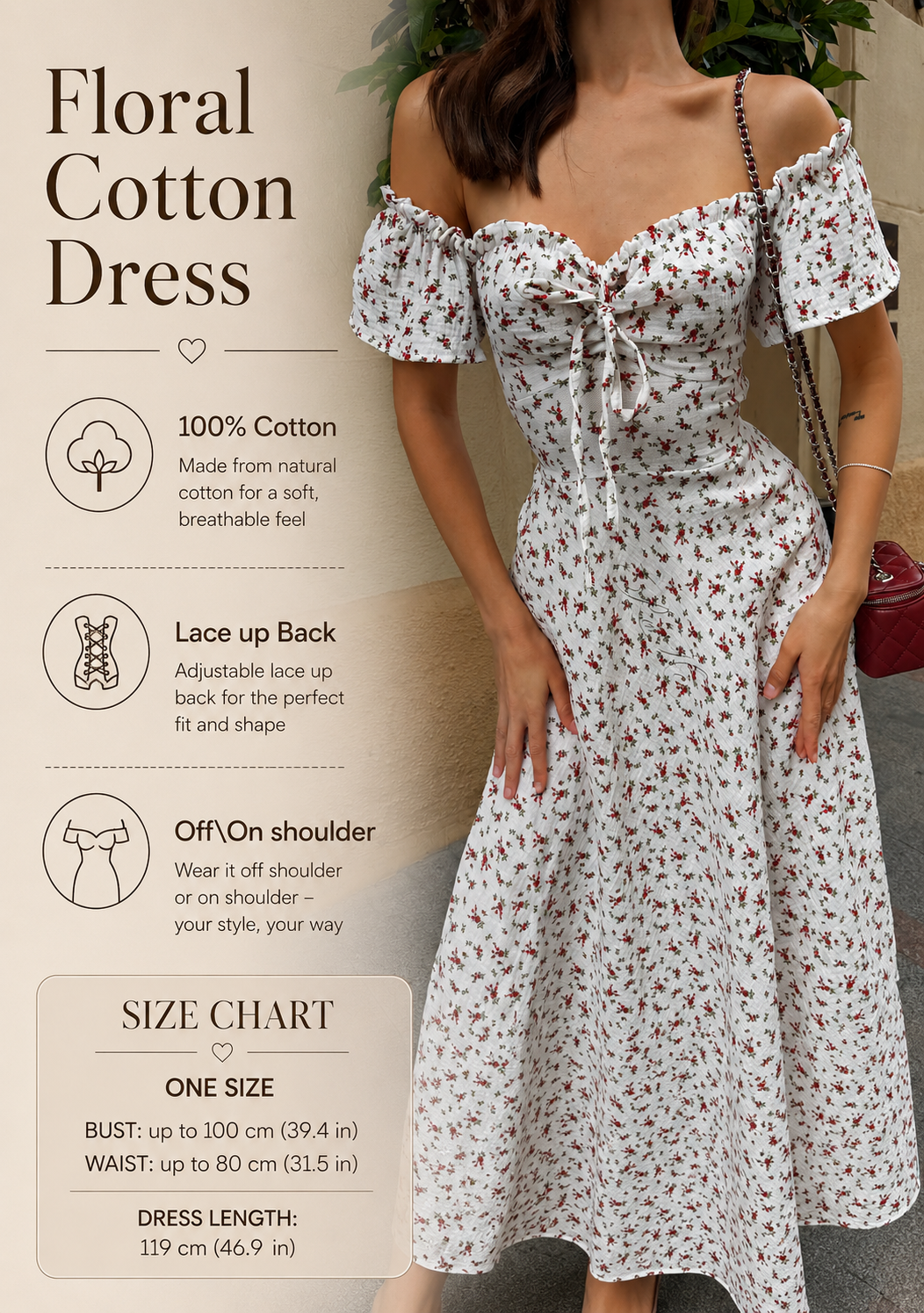 White Floral Cotton Midi Dress with Lace-Up Back | RedHex Atelier