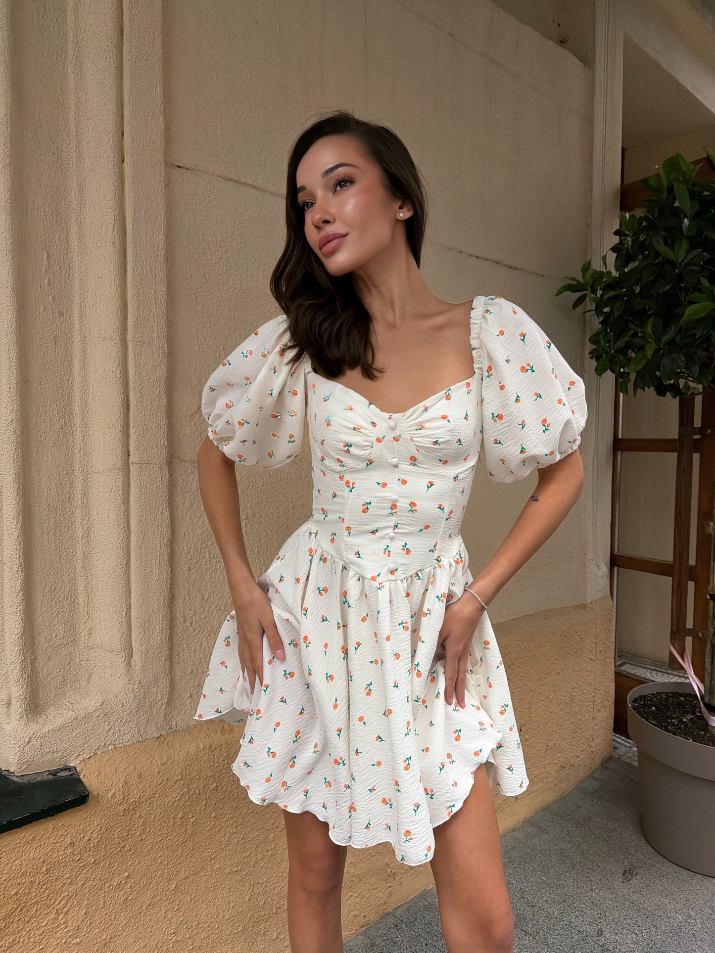 White Floral Cotton Mini Dress | Off Shoulder Puff Sleeve Dress