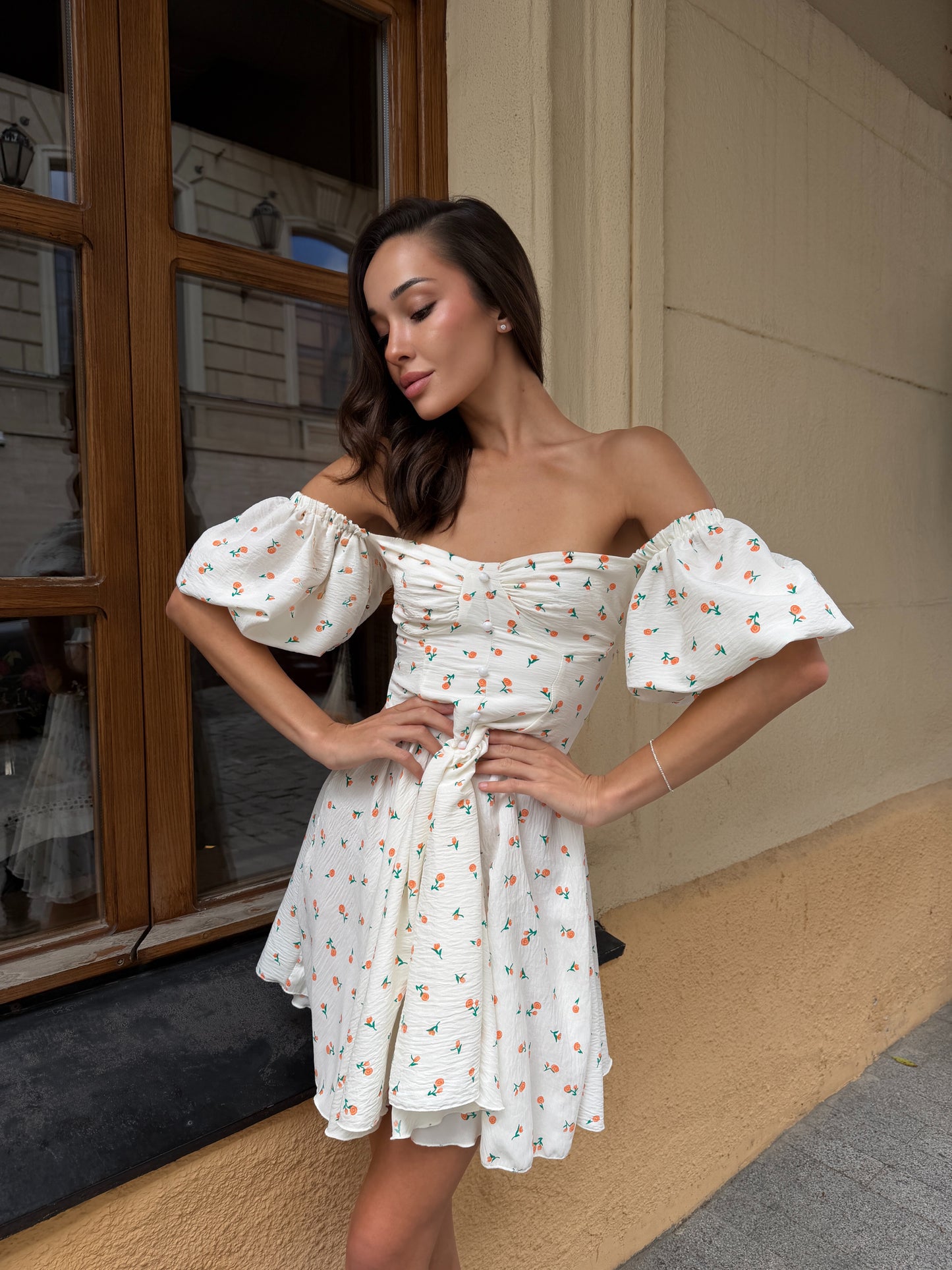 White Floral Cotton Mini Dress | Off Shoulder Puff Sleeve Dress