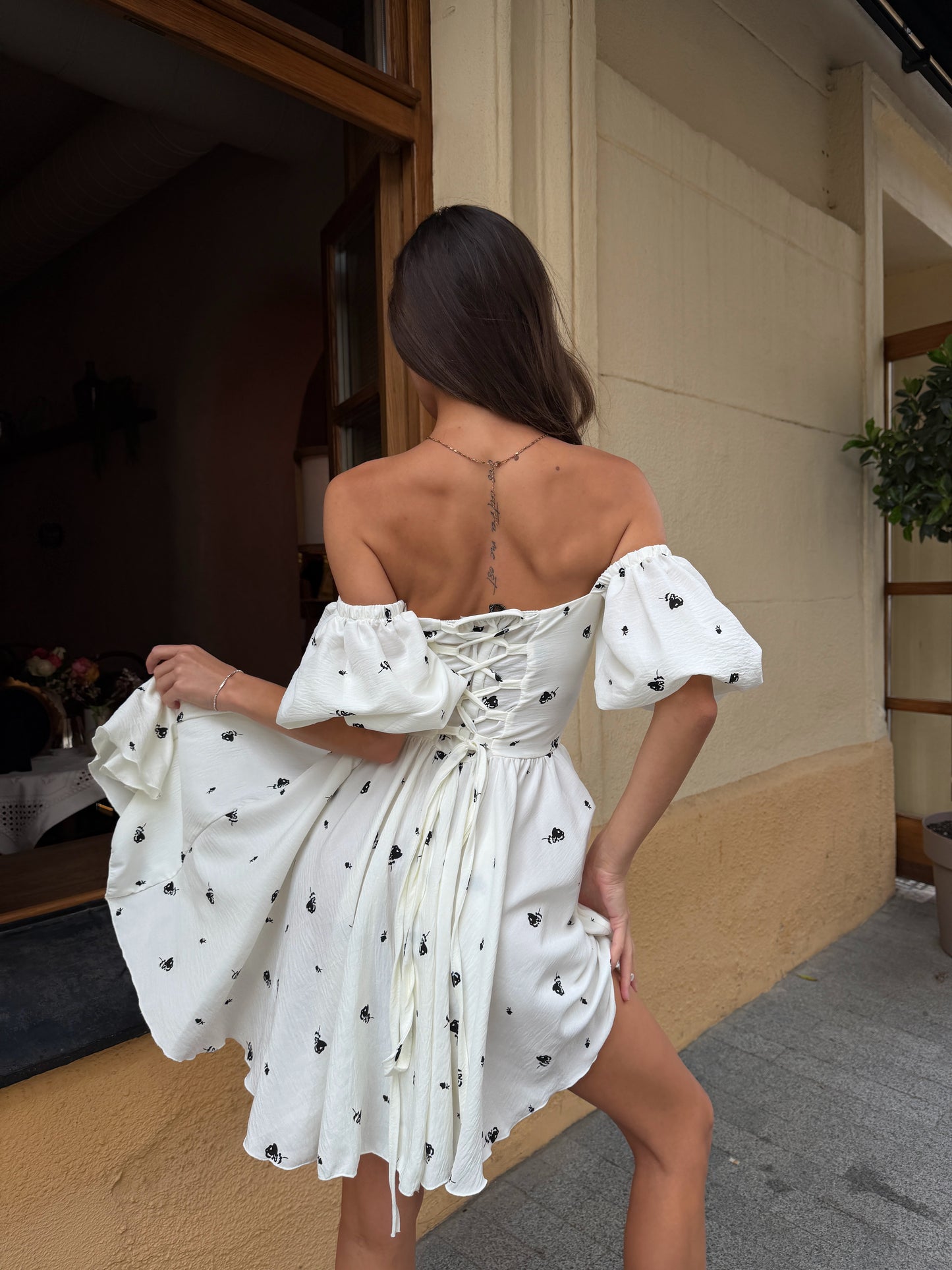 Romantic White Floral Cotton Dress | Lace-Up Back & Puff Sleeves