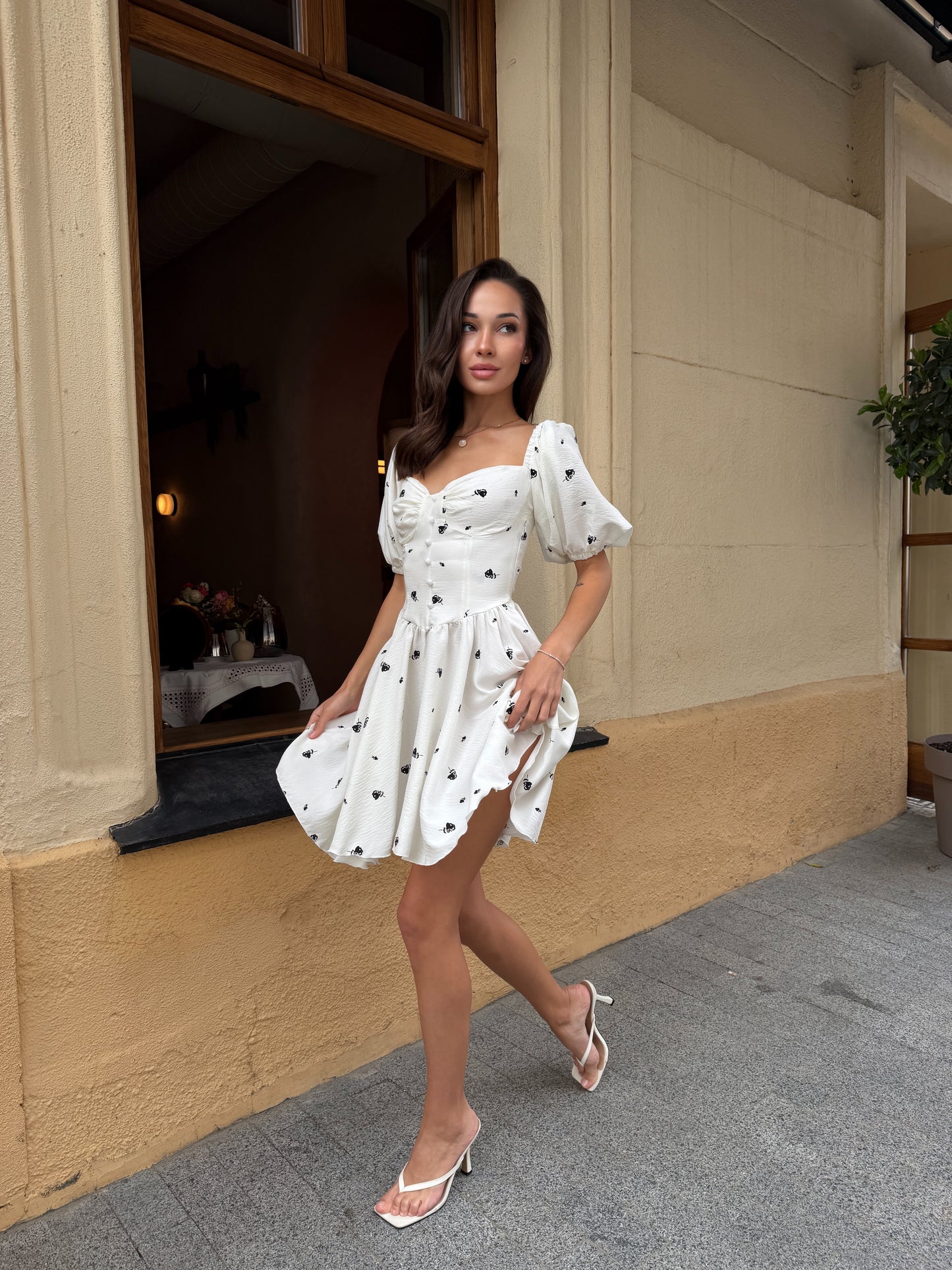 Romantic White Floral Cotton Dress | Lace-Up Back & Puff Sleeves