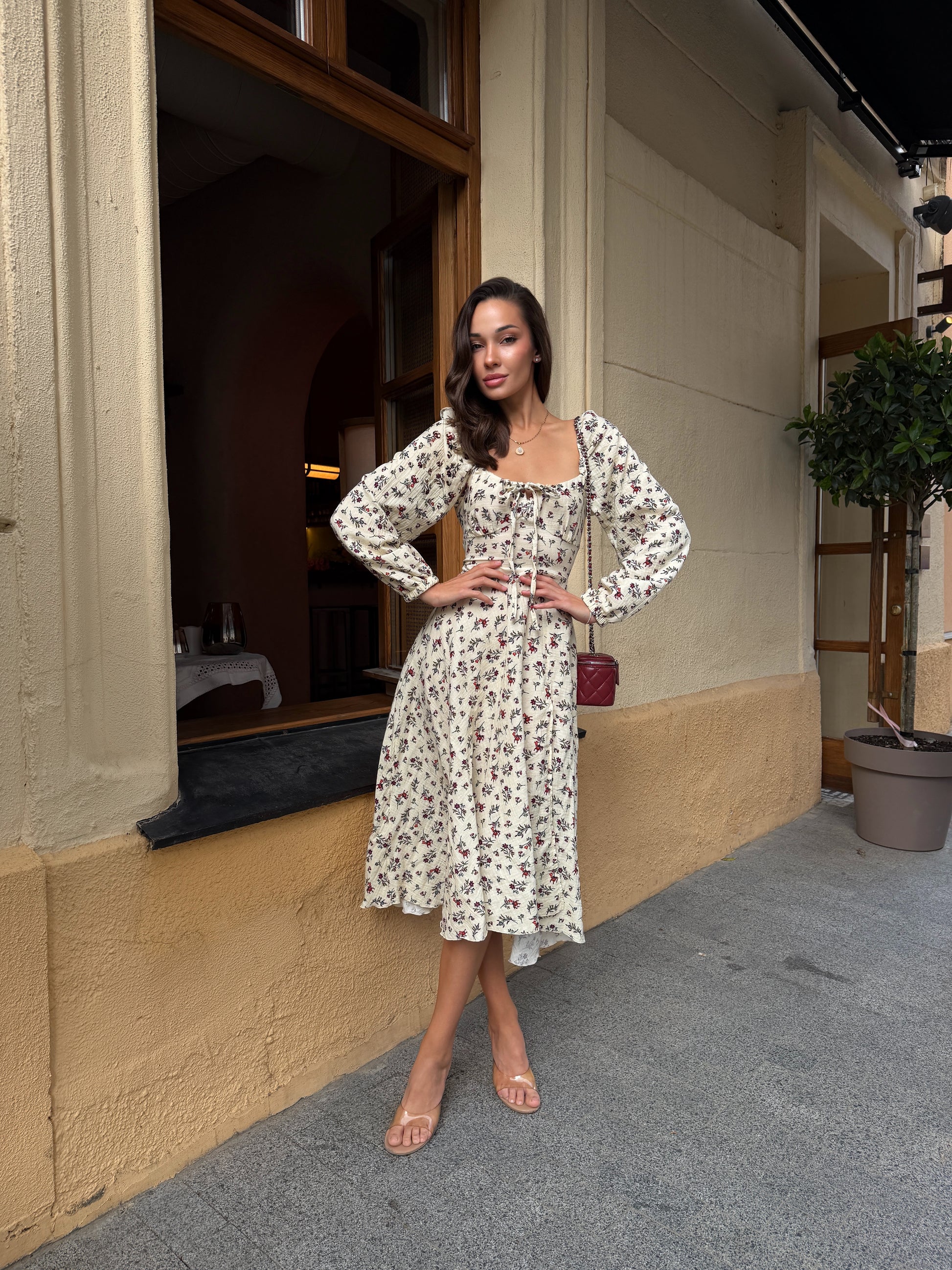 Beige Lemon Floral Cotton Midi Dress