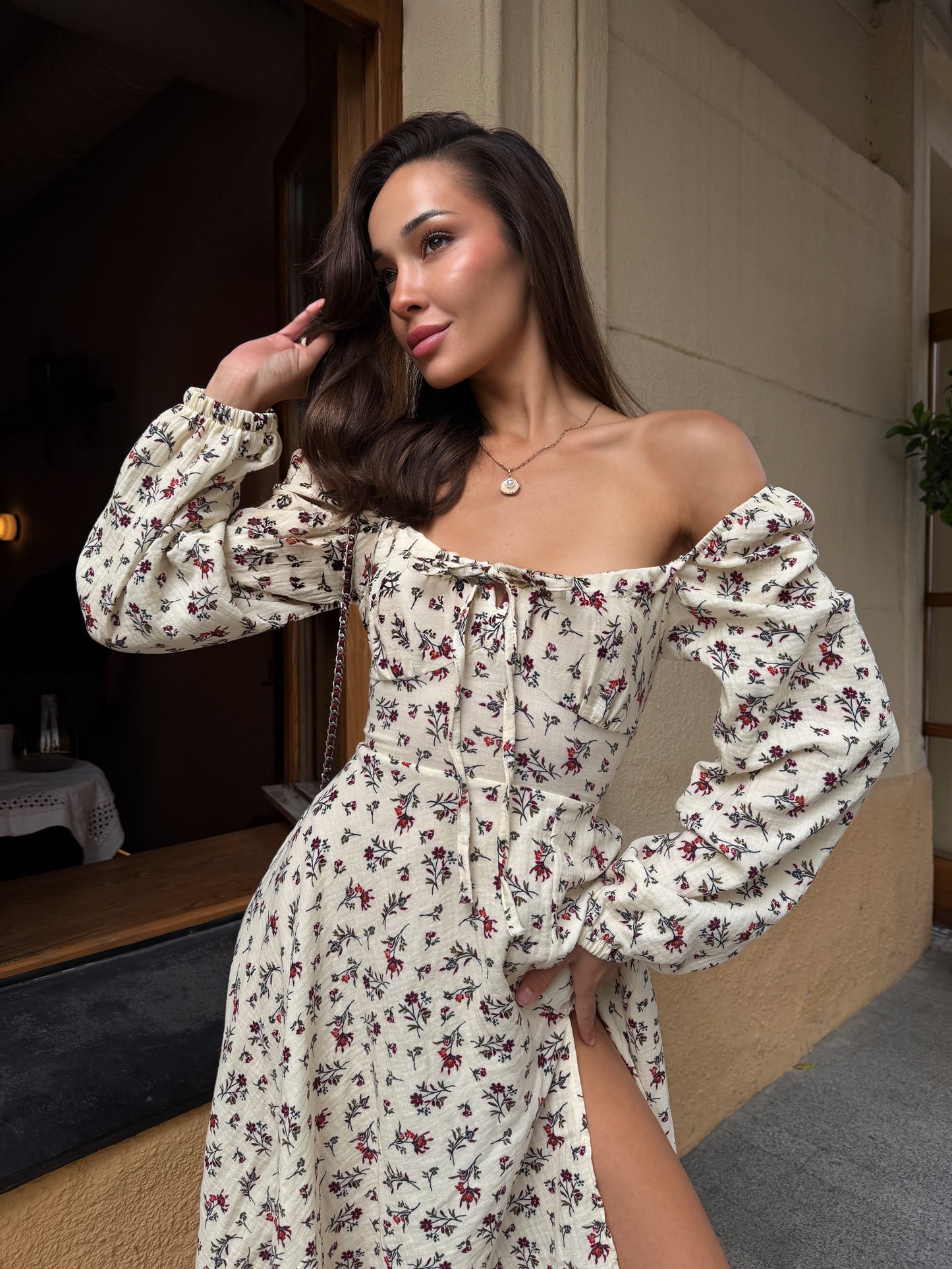 Beige Floral Cotton Midi Dress with Lace-Up Back | RedHex Atelier