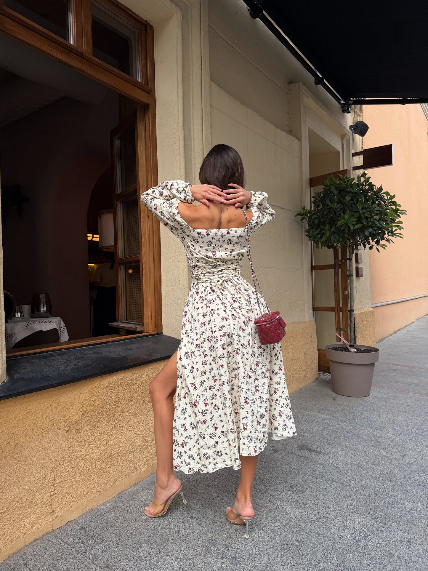 Beige Floral Cotton Midi Dress with Lace-Up Back | RedHex Atelier