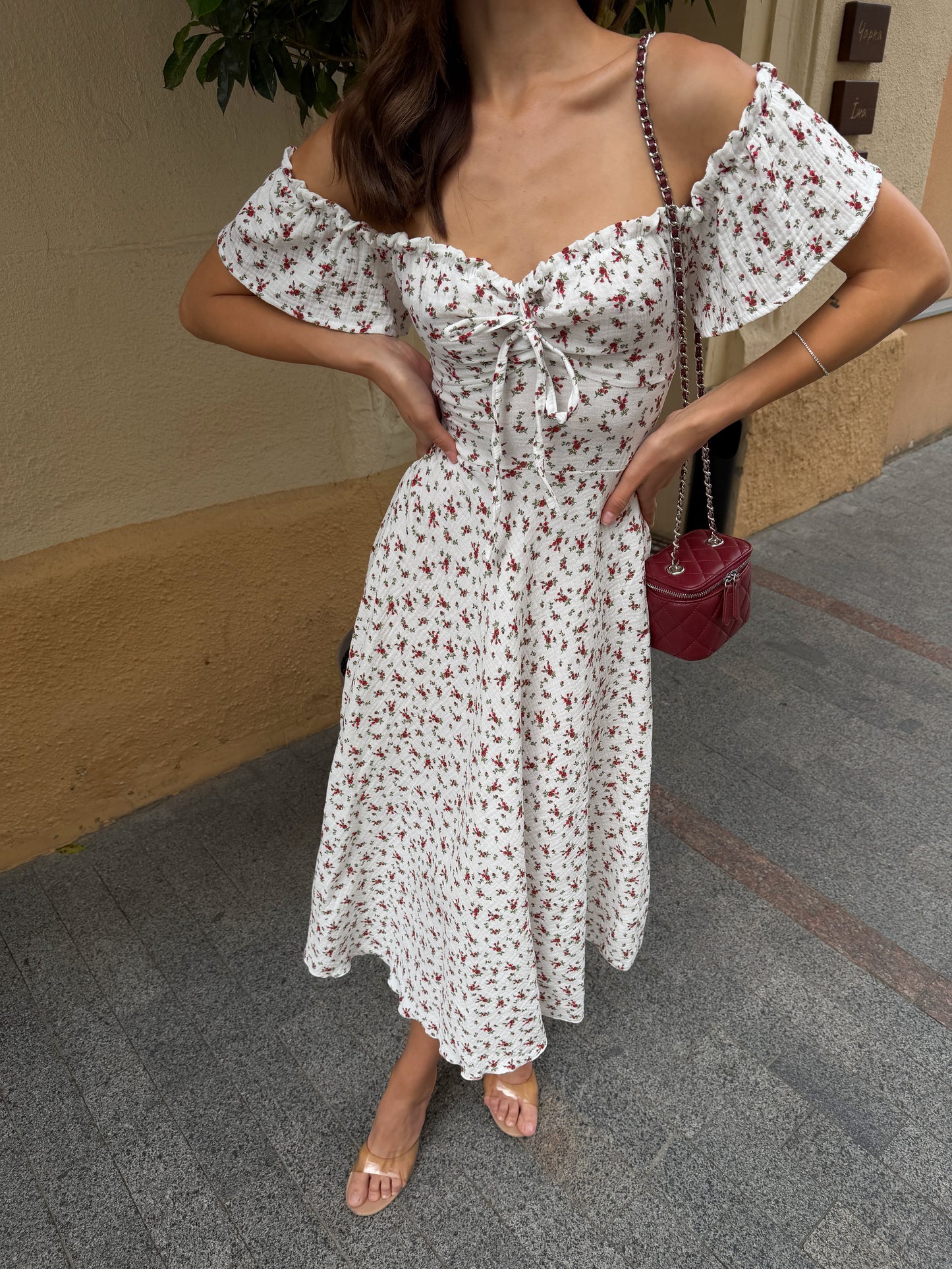 White Floral Cotton Midi Dress with Lace-Up Back | RedHex Atelier