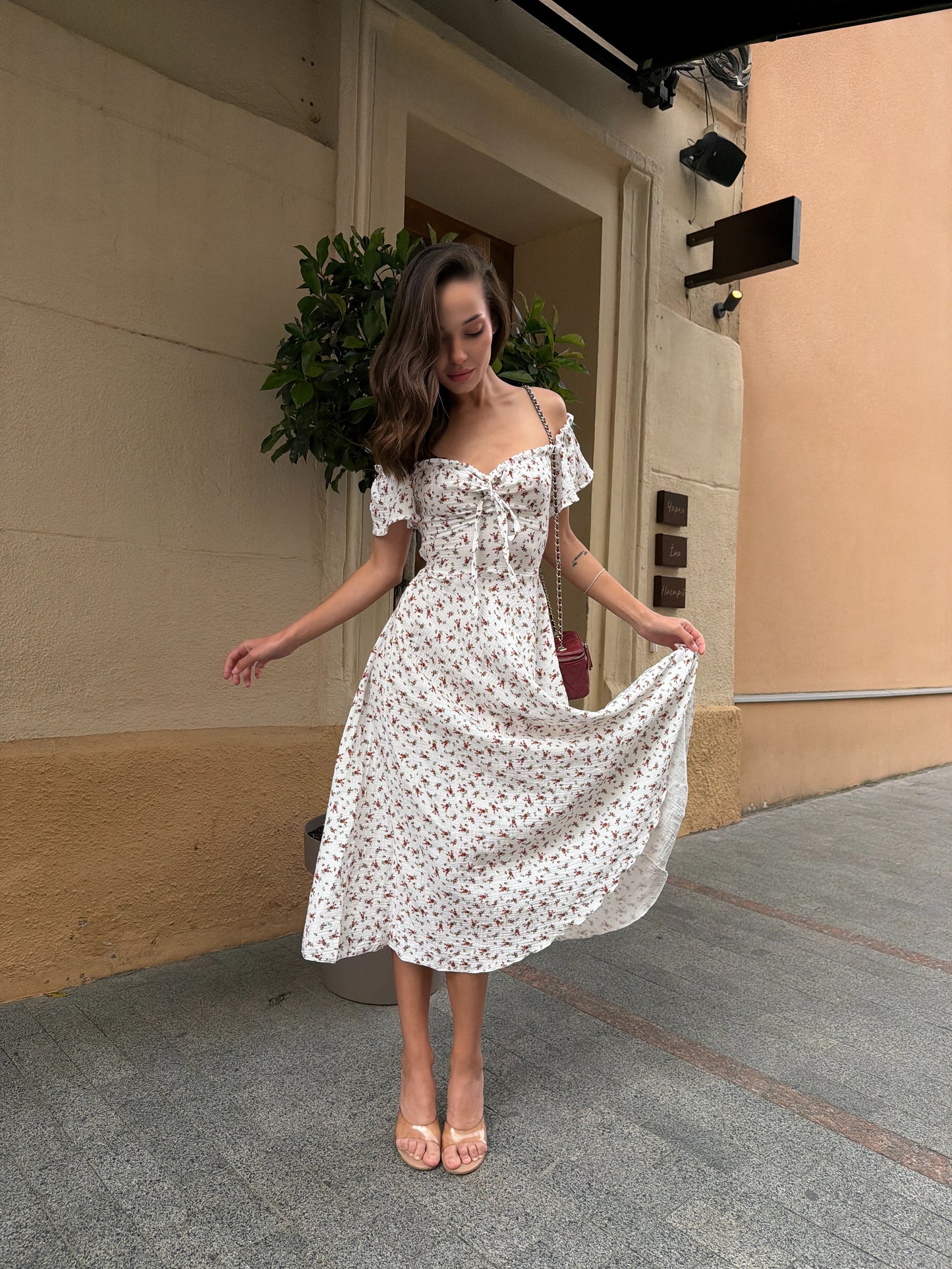 White Floral Cotton Midi Dress with Lace-Up Back | RedHex Atelier