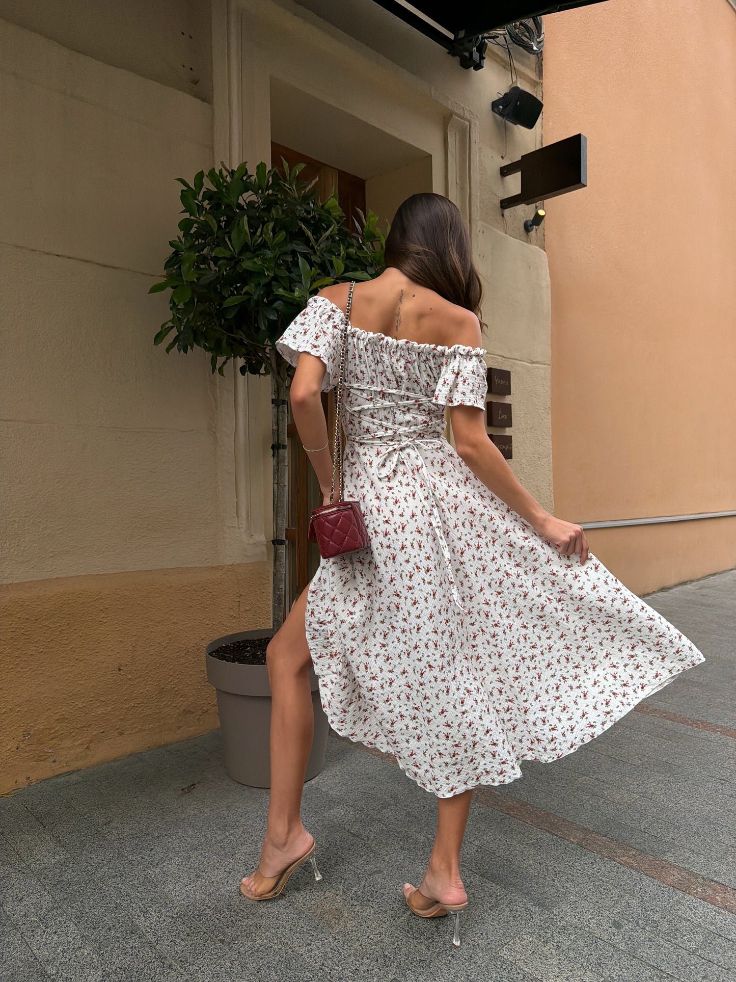 White Floral Cotton Midi Dress with Lace-Up Back | RedHex Atelier