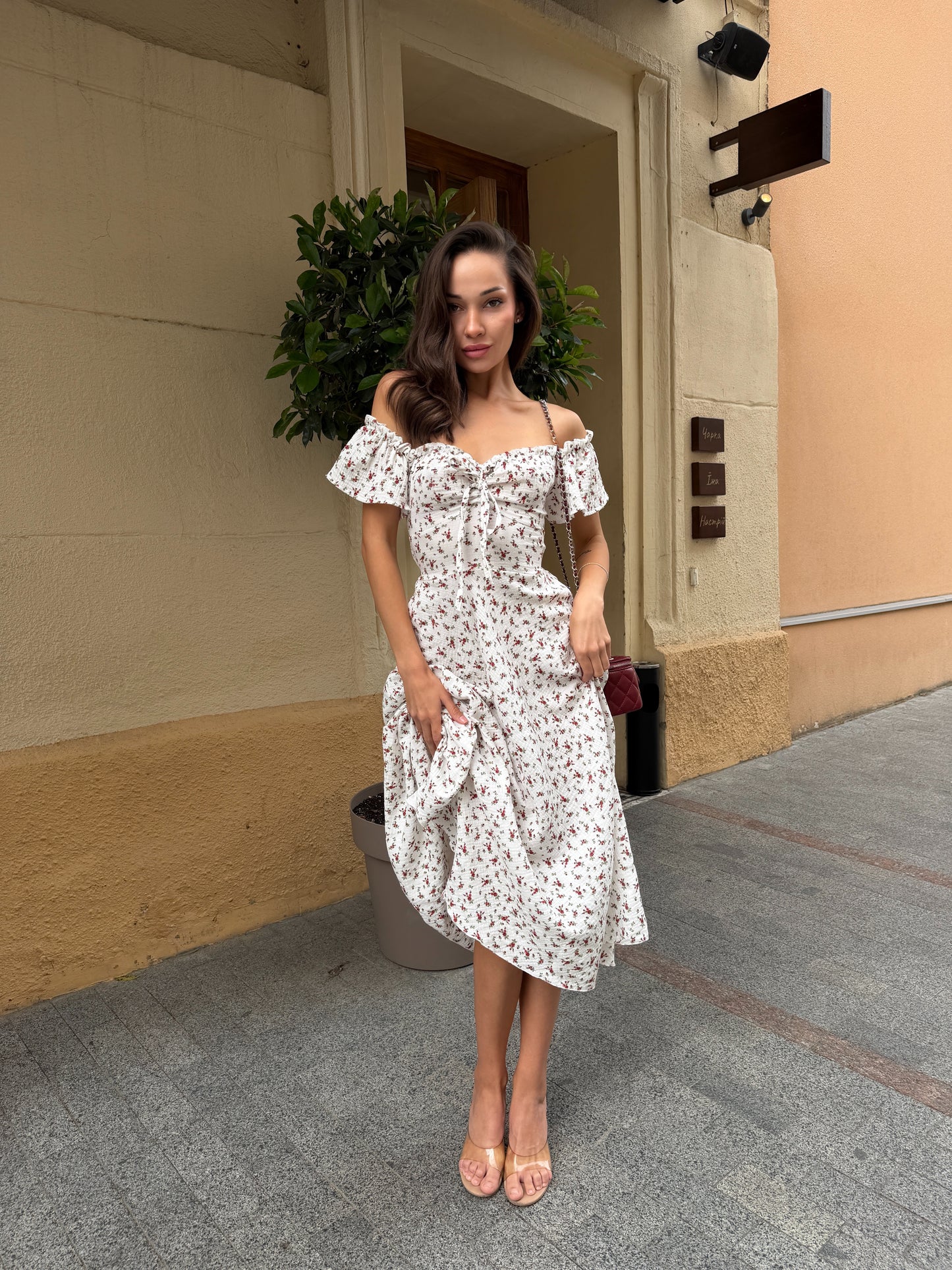 White Floral Cotton Midi Dress with Lace-Up Back | RedHex Atelier