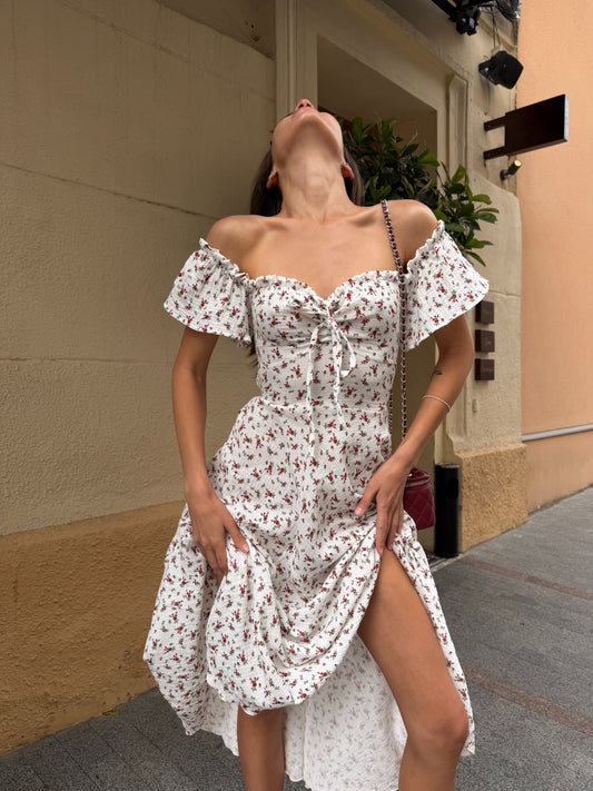 White Floral Cotton Midi Dress with Lace-Up Back | RedHex Atelier