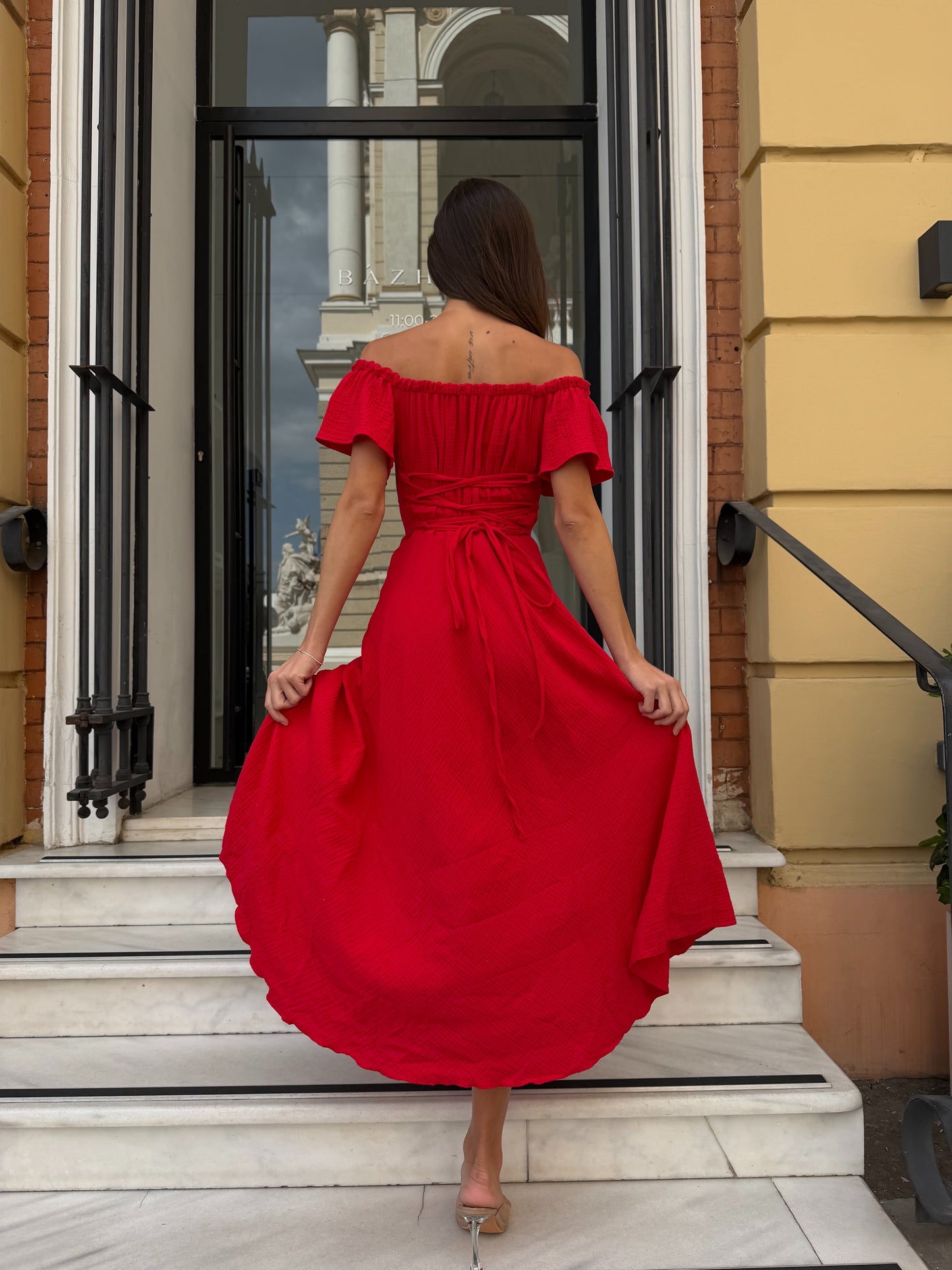 Red Cotton Midi Dress with Lace-Up Back | RedHex Atelier