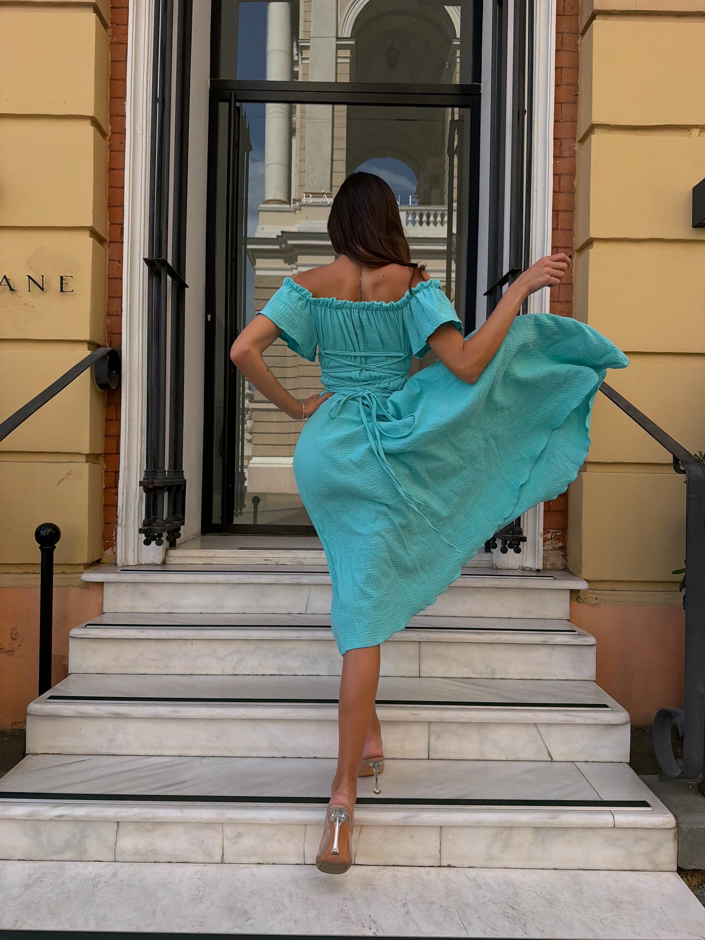 Mint Cotton Midi Dress with Lace-Up Back | RedHex Atelier