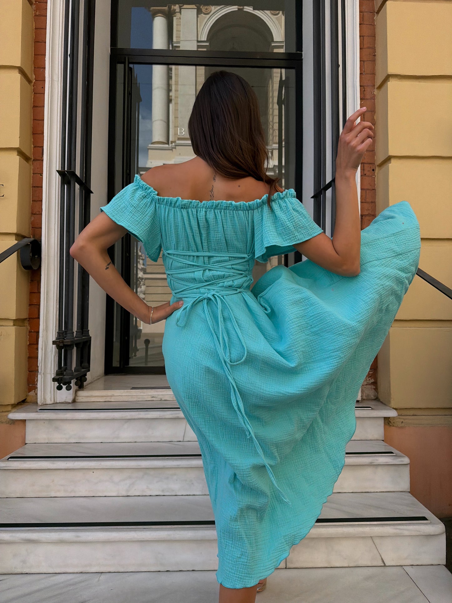 Mint Cotton Midi Dress with Lace-Up Back | RedHex Atelier