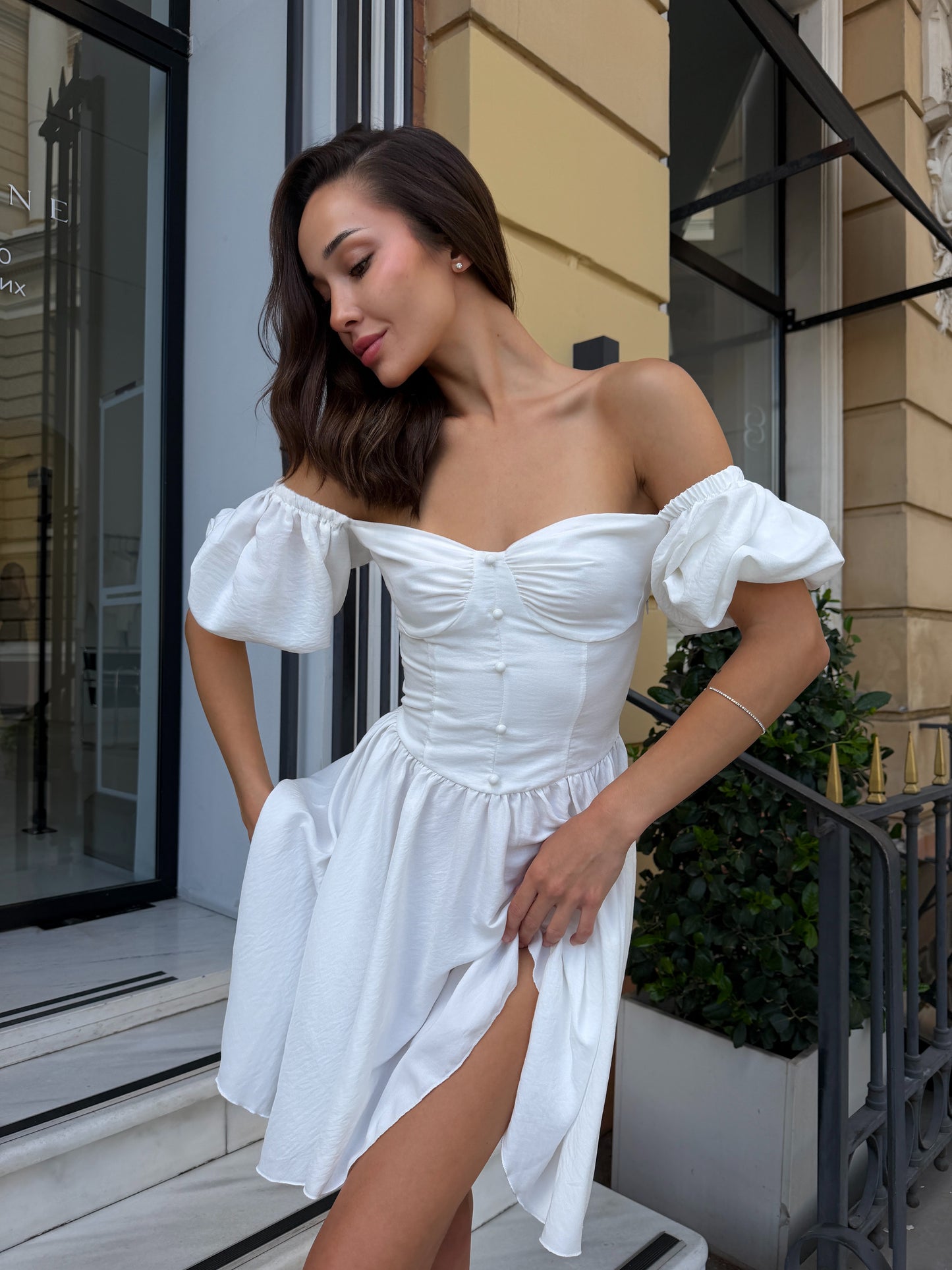 White Floral Cotton Mini Dress | Off Shoulder Puff Sleeve Dress