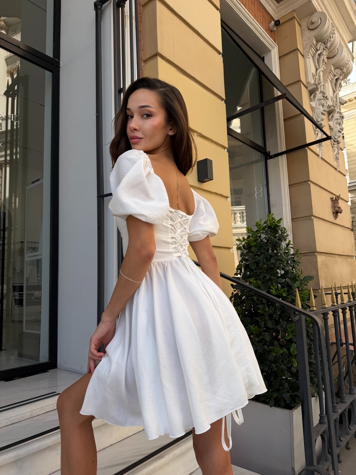 White Floral Cotton Mini Dress | Off Shoulder Puff Sleeve Dress