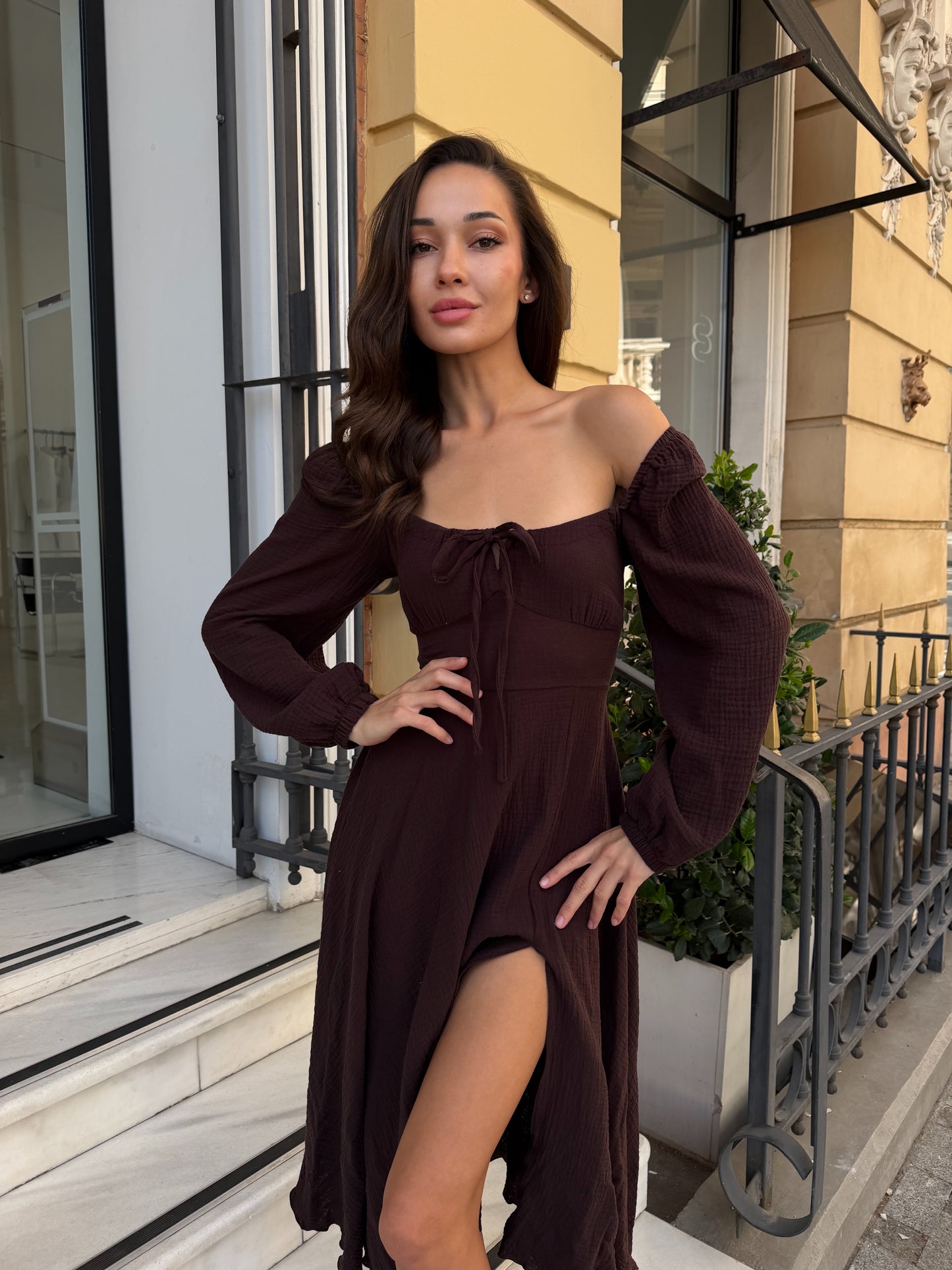 Brown Cotton Midi Dress with Lace-Up Back & Side Slit | RedHex Atelier