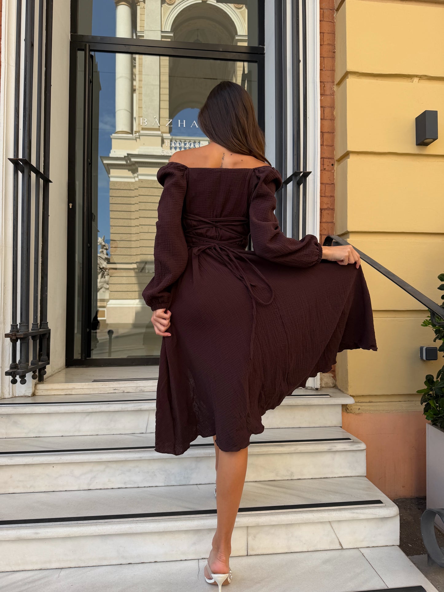 Brown Cotton Midi Dress with Lace-Up Back & Side Slit | RedHex Atelier