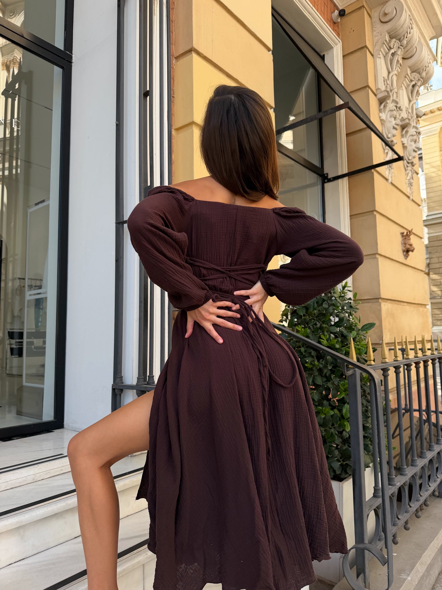 Brown Cotton Midi Dress with Lace-Up Back & Side Slit | RedHex Atelier