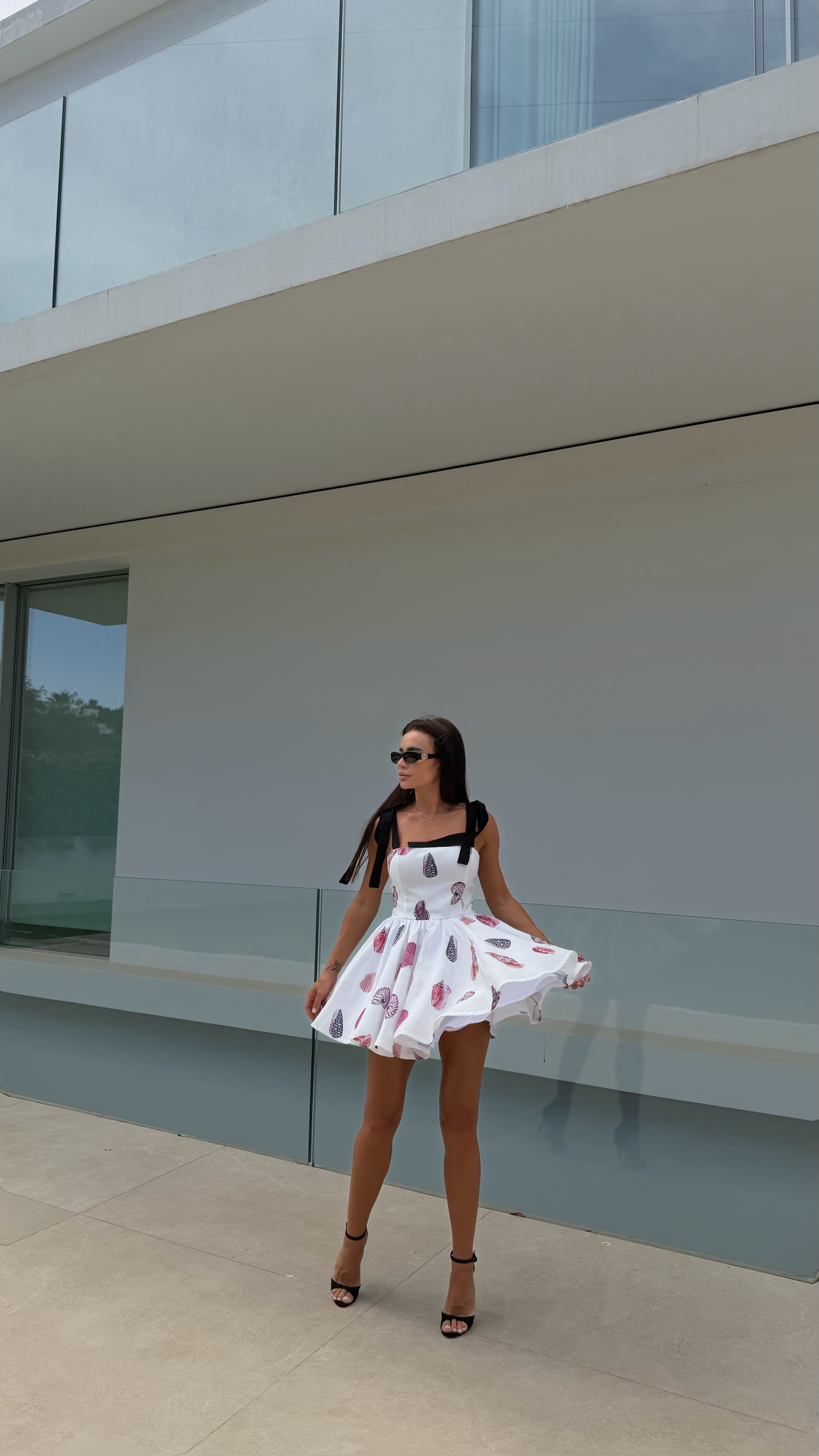 White Linen Mini Dress Shell Print| Natural Linen Summer Beach Dress