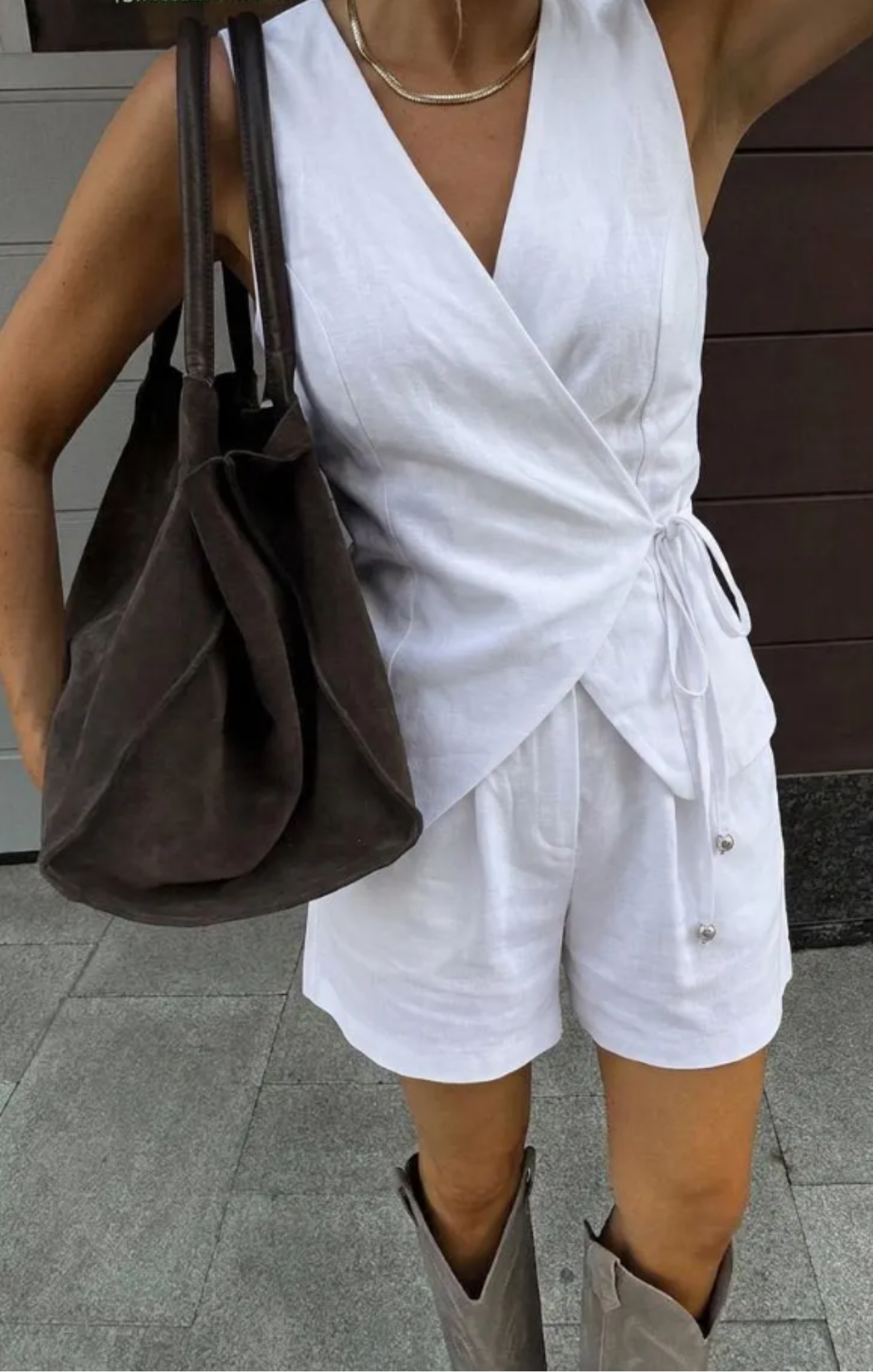 White Linen Shorts Set – Women's 2 Piece Linen Outfit with Asymmetrical Vest