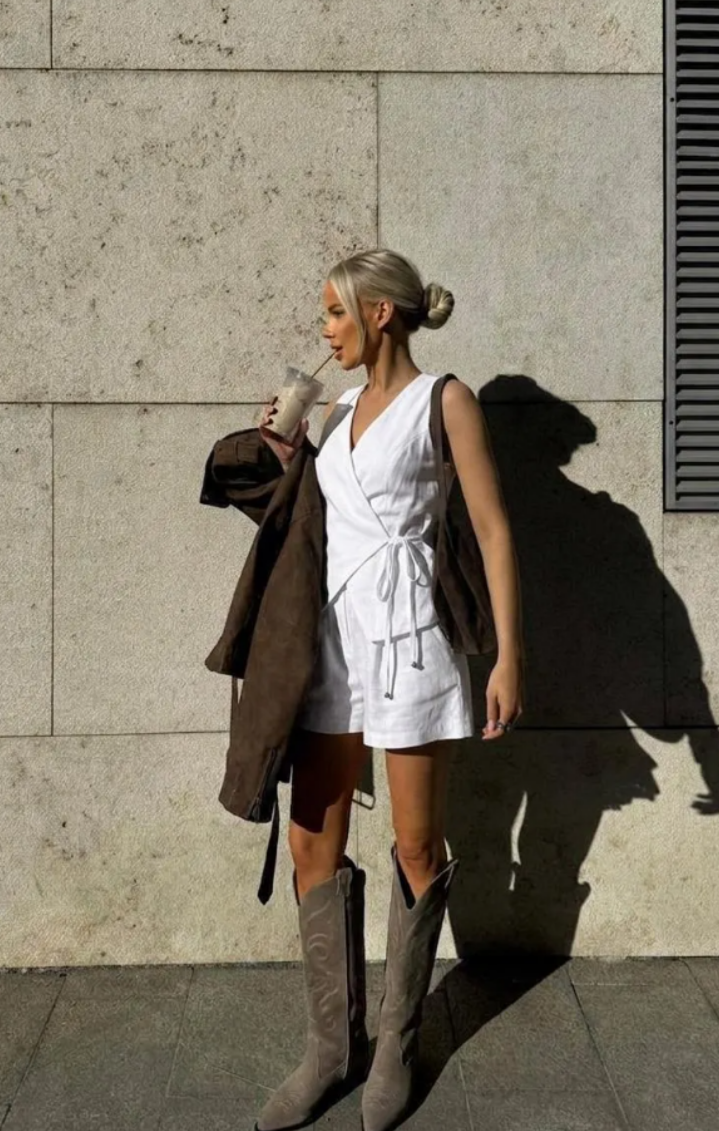 White Linen Shorts Set – Women's 2 Piece Linen Outfit with Asymmetrical Vest