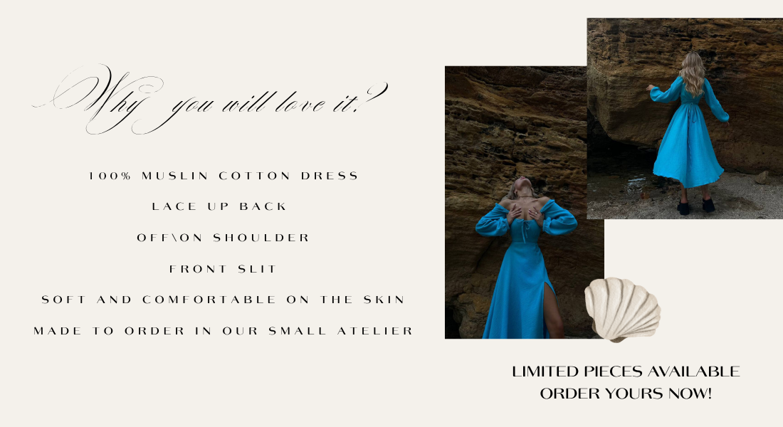 Blue Midi Dress, Cotton Off Shoulder Long Sleeve Dress Muslin 100% Cotton Dress, Lace up Back Dress