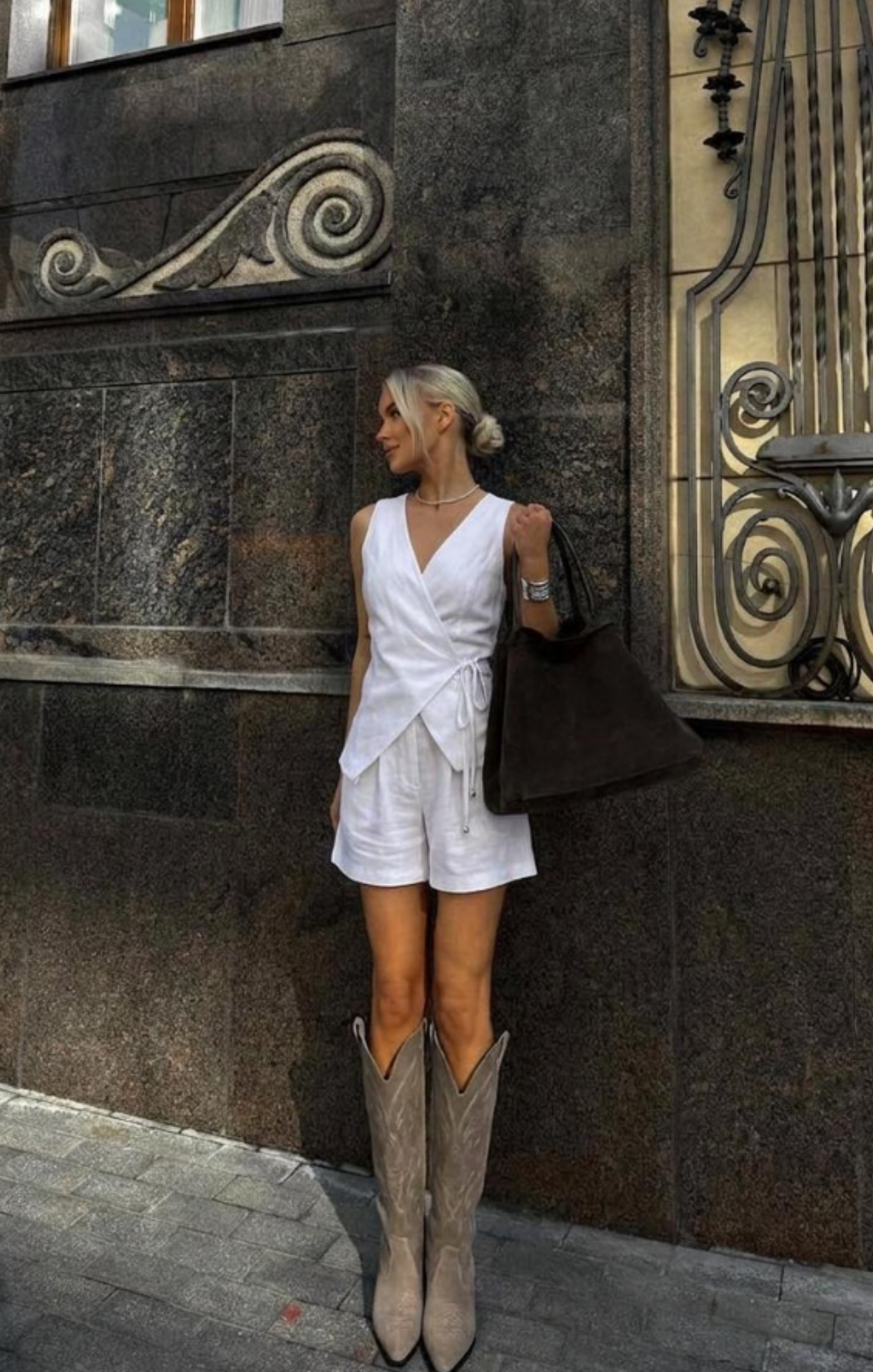 White Linen Shorts Set – Women's 2 Piece Linen Outfit with Asymmetrical Vest