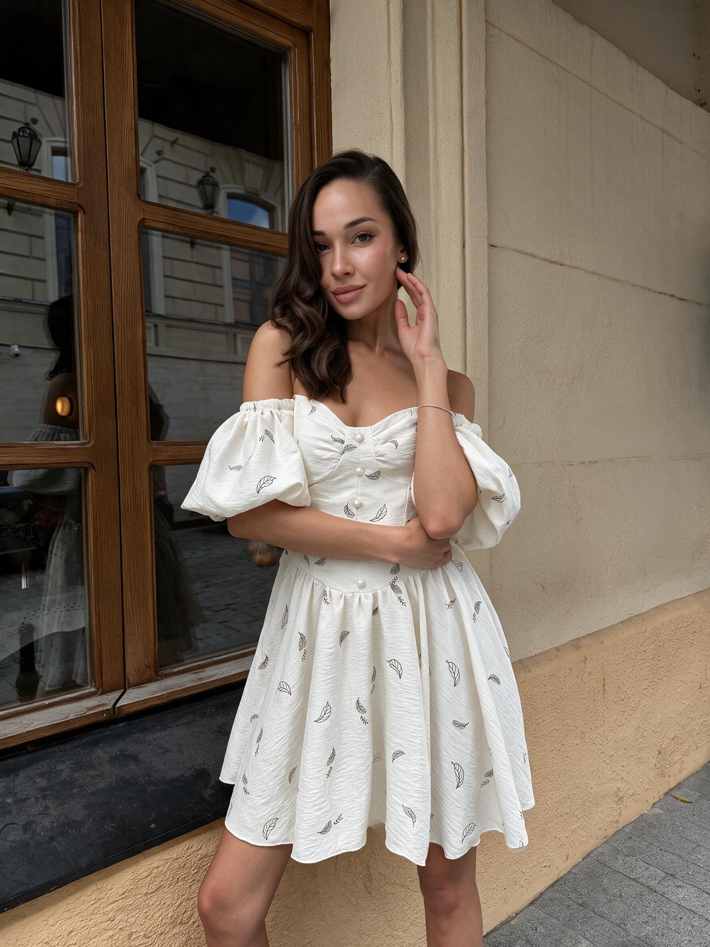 Feather Print White Midi Dress with Lace-Up Back & Off-Shoulder Lantern Sleeves
