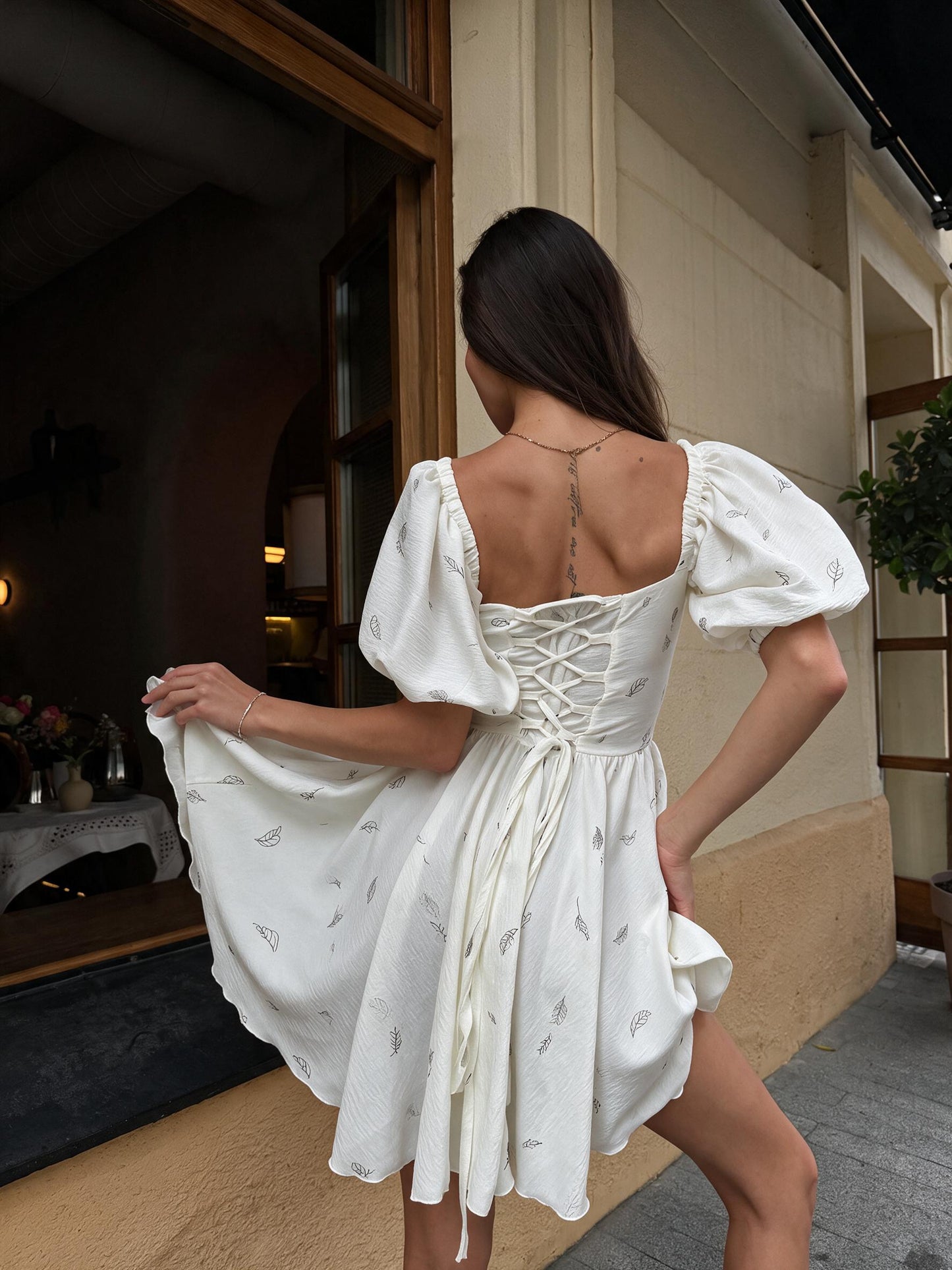 Feather Print White Midi Dress with Lace-Up Back & Off-Shoulder Lantern Sleeves