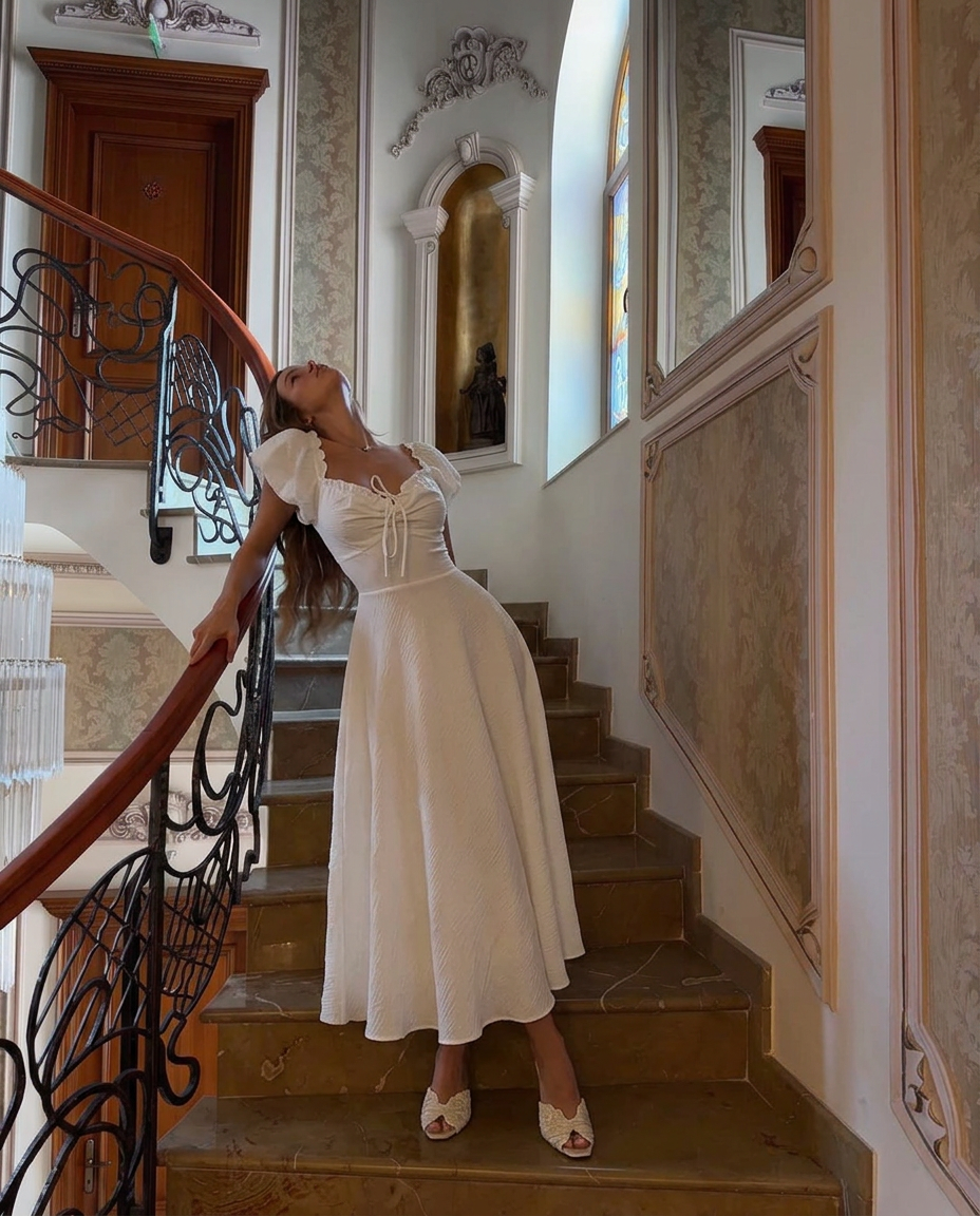 White Muslin Midi Dress with Lace-Up Back Off Shoulder