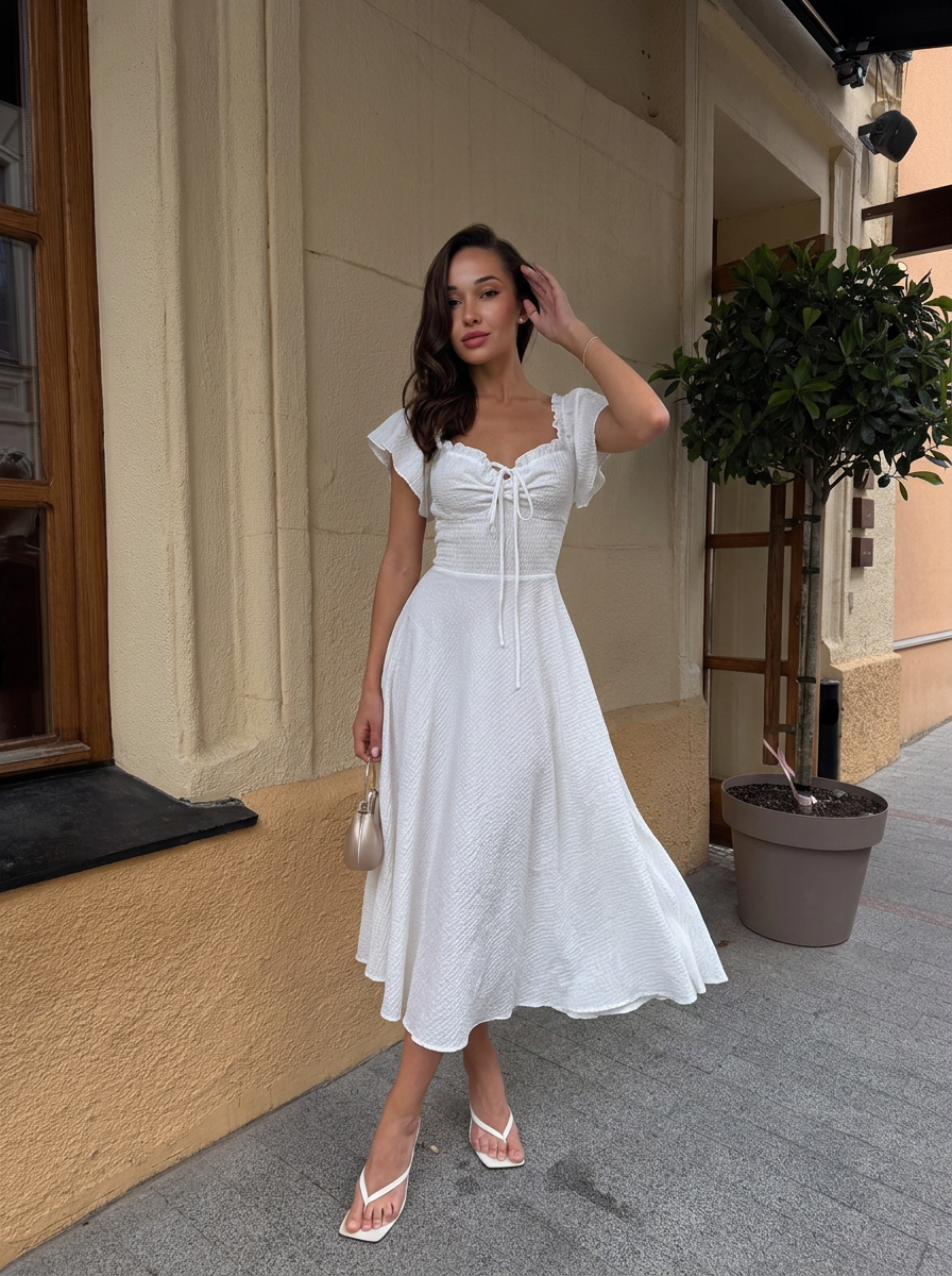 White Muslin Midi Dress with Lace-Up Back Off Shoulder
