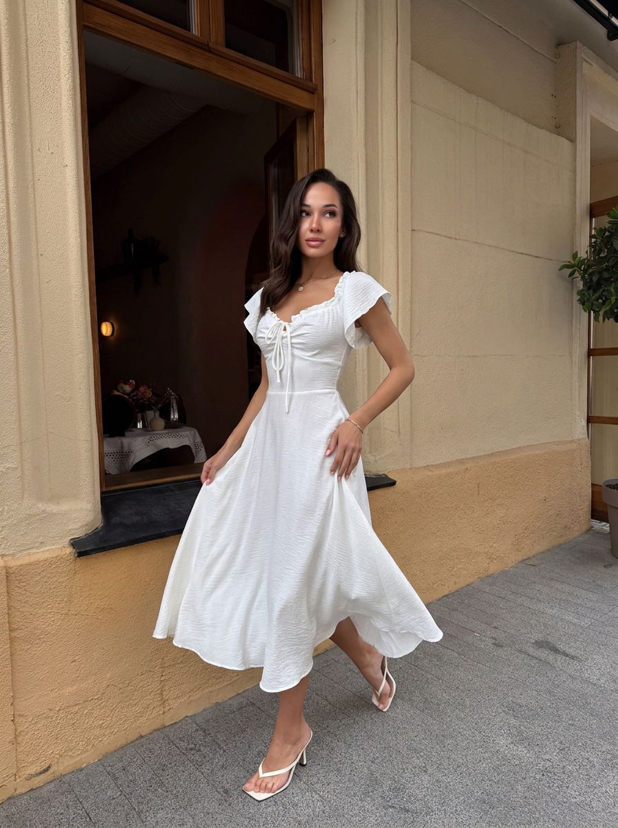 White Muslin Midi Dress with Lace-Up Back Off Shoulder