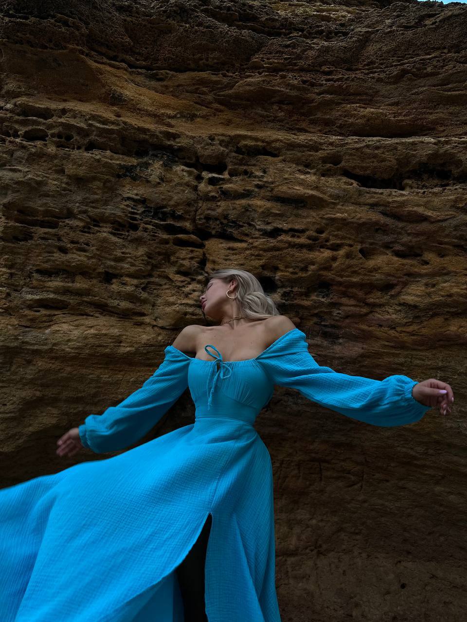 Blue Midi Dress, Cotton Off Shoulder Long Sleeve Dress Muslin 100% Cotton Dress, Lace up Back Dress