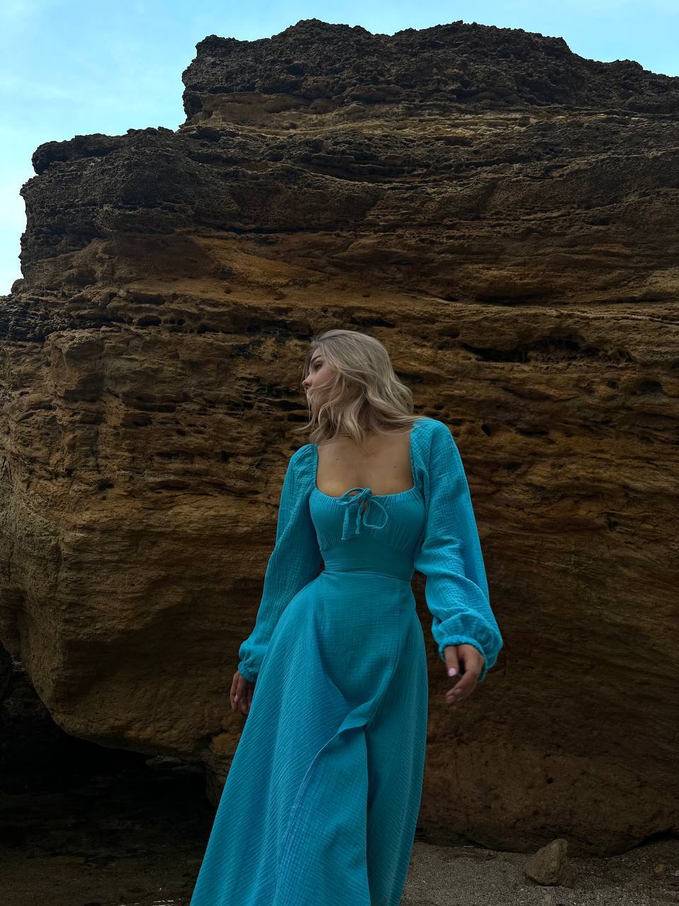Blue Midi Dress, Cotton Off Shoulder Long Sleeve Dress Muslin 100% Cotton Dress, Lace up Back Dress