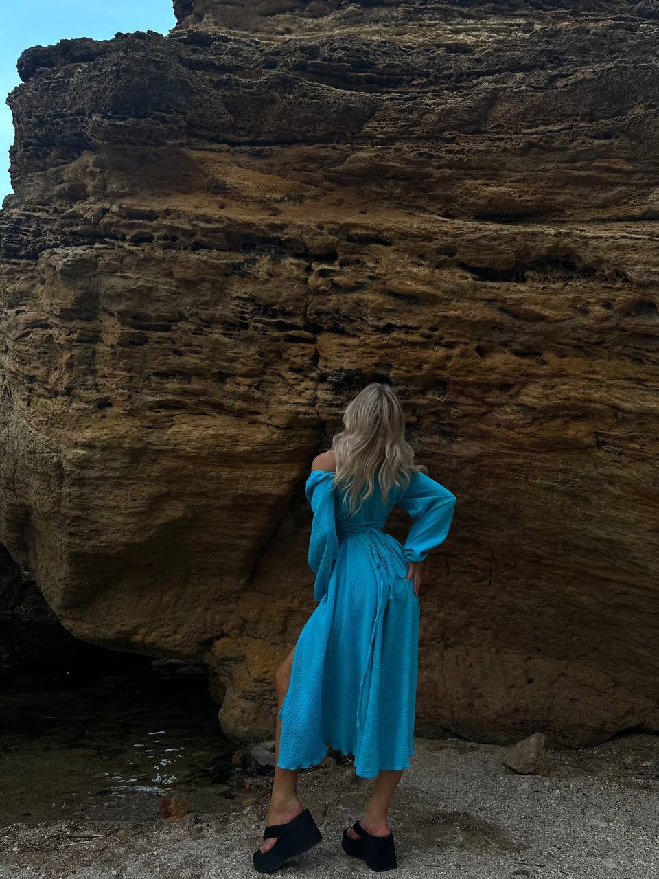 Blue Midi Dress, Cotton Off Shoulder Long Sleeve Dress Muslin 100% Cotton Dress, Lace up Back Dress