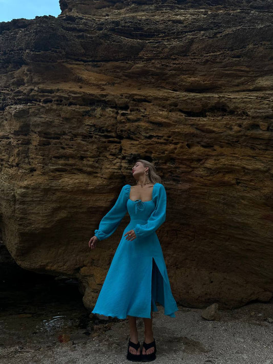 Blue Midi Dress, Cotton Off Shoulder Long Sleeve Dress Muslin 100% Cotton Dress, Lace up Back Dress