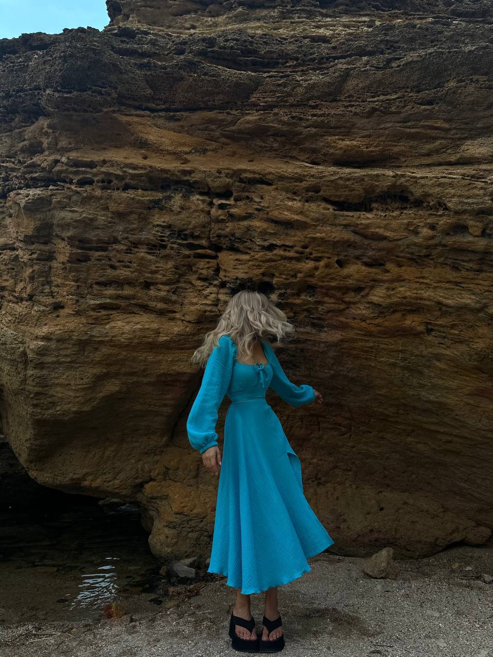 Blue Midi Dress, Cotton Off Shoulder Long Sleeve Dress Muslin 100% Cotton Dress, Lace up Back Dress