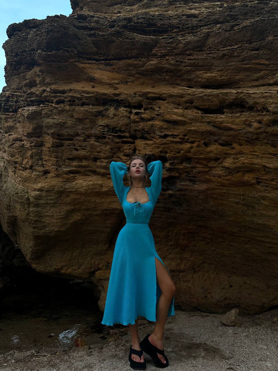 Blue Midi Dress, Cotton Off Shoulder Long Sleeve Dress Muslin 100% Cotton Dress, Lace up Back Dress