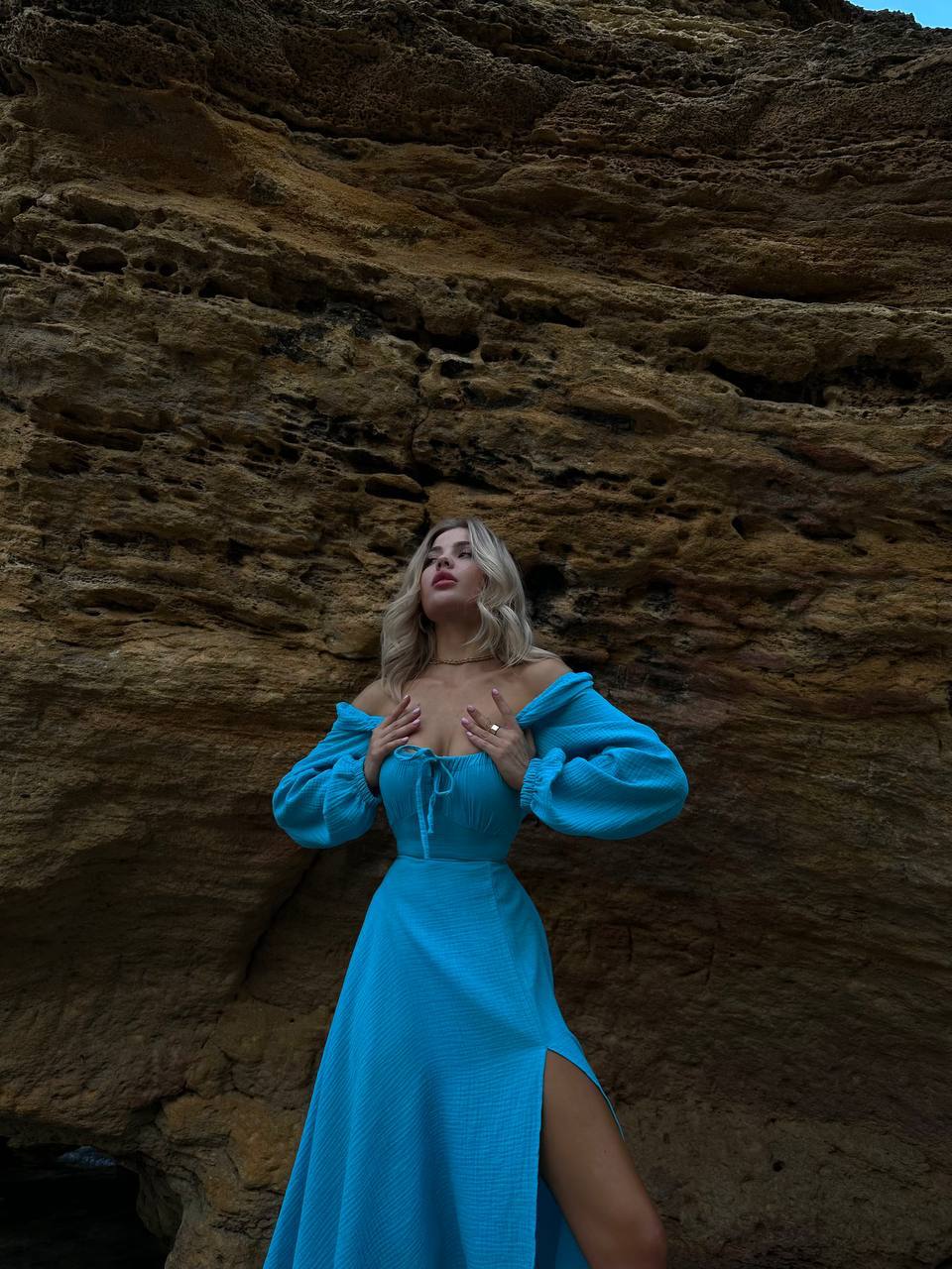 Blue Midi Dress, Cotton Off Shoulder Long Sleeve Dress Muslin 100% Cotton Dress, Lace up Back Dress
