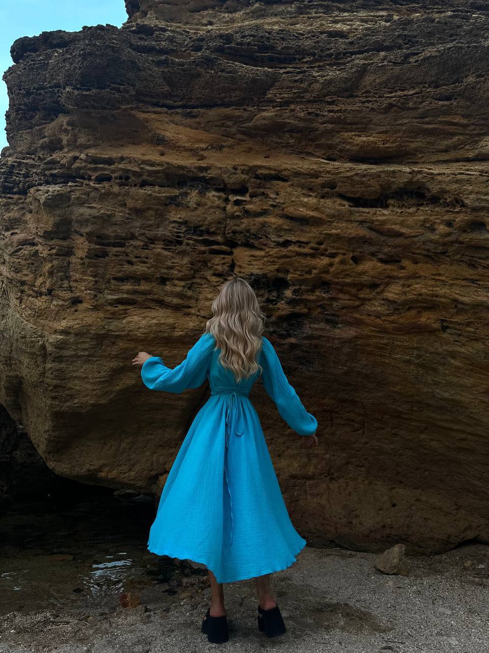 Blue Midi Dress, Cotton Off Shoulder Long Sleeve Dress Muslin 100% Cotton Dress, Lace up Back Dress